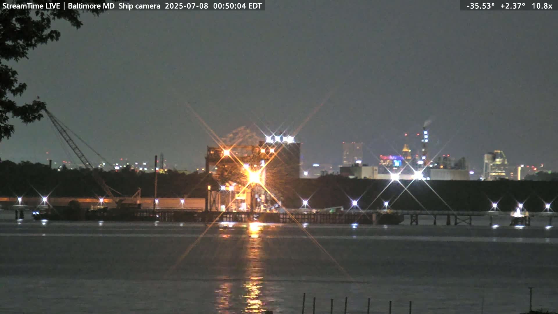 Baltimore Silhouette & Brandon Shores Power Plant Pier  from Fort Smallwood Park Live Cam - Pasadena, Anne Arundel, Maryland, USA