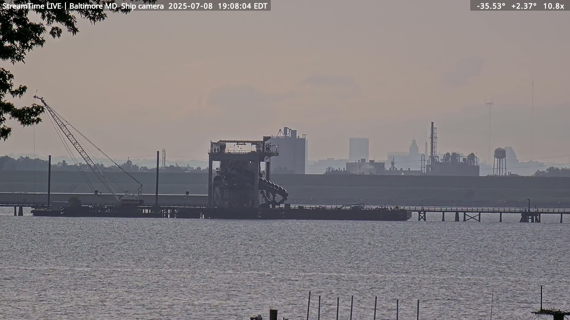 Baltimore Silhouette & Brandon Shores Power Plant Pier  from Fort Smallwood Park Live Cam - Pasadena, Anne Arundel, Maryland, USA
