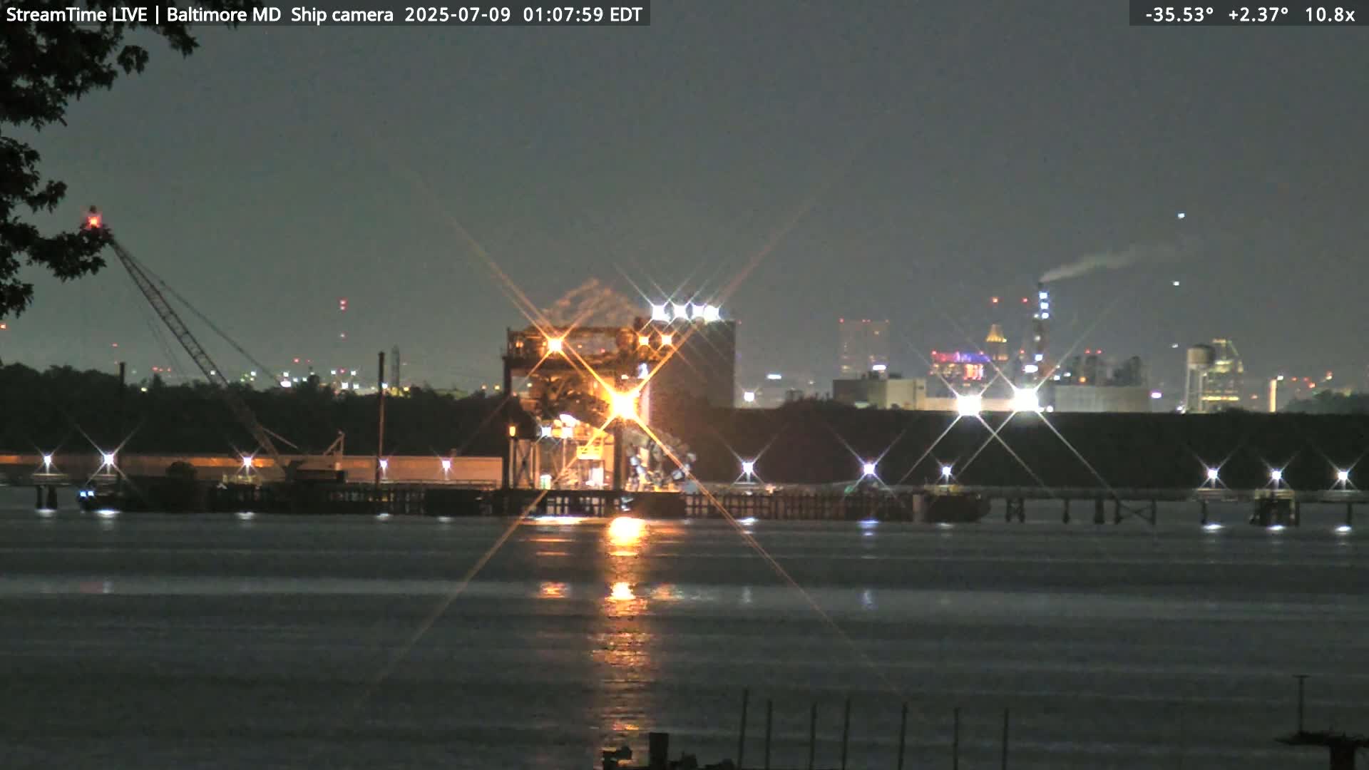Baltimore Silhouette & Brandon Shores Power Plant Pier  from Fort Smallwood Park Live Cam - Pasadena, Anne Arundel, Maryland, USA