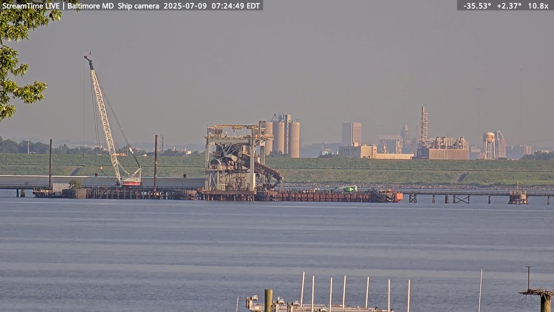 Baltimore Silhouette & Brandon Shores Power Plant Pier  from Fort Smallwood Park Live Cam - Pasadena, Anne Arundel, Maryland, USA