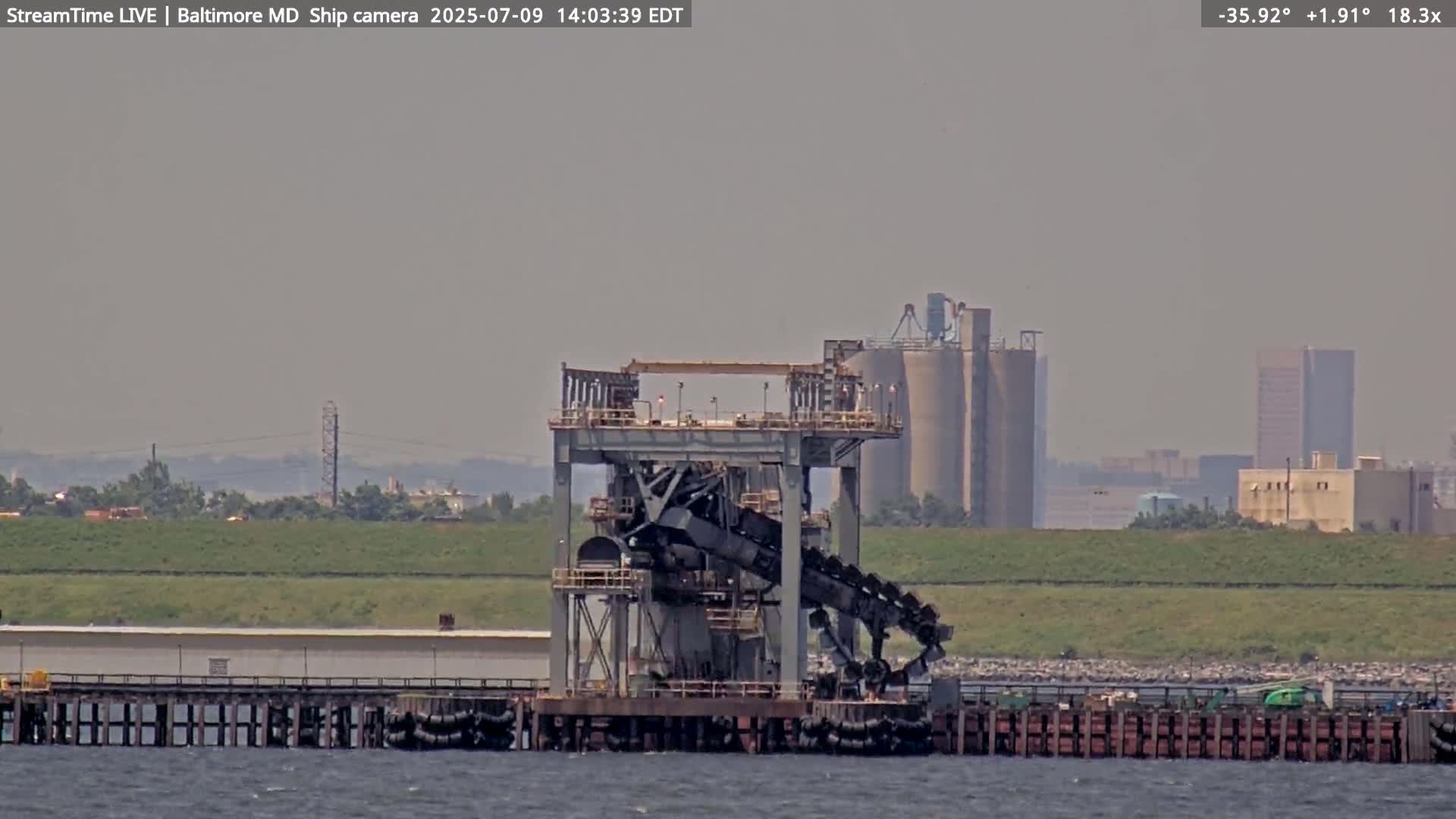 Baltimore Silhouette & Brandon Shores Power Plant Pier  from Fort Smallwood Park Live Cam - Pasadena, Anne Arundel, Maryland, USA