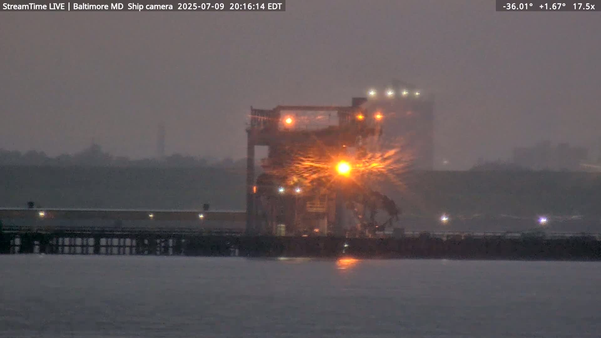 Baltimore Silhouette & Brandon Shores Power Plant Pier  from Fort Smallwood Park Live Cam - Pasadena, Anne Arundel, Maryland, USA