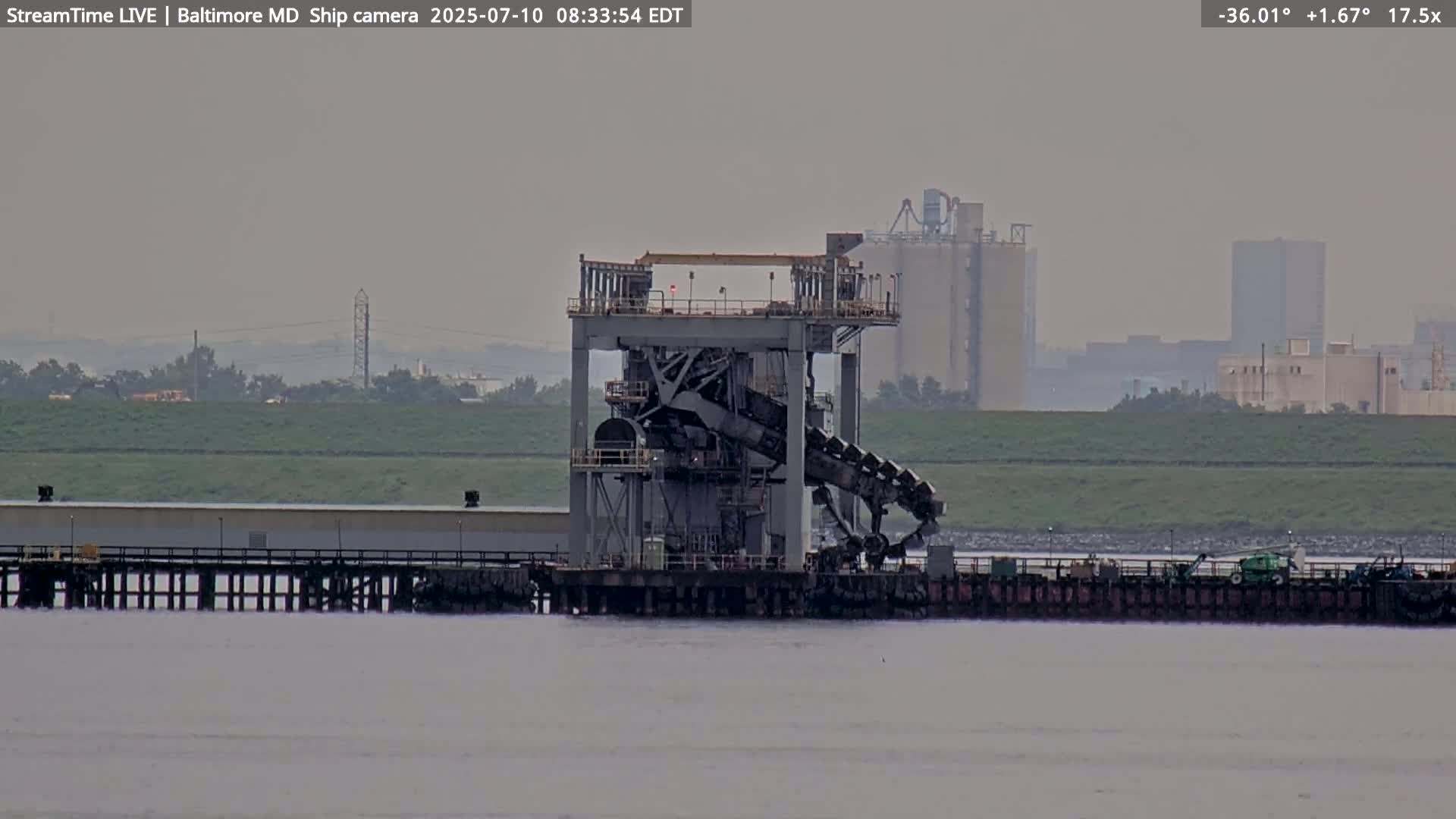 Baltimore Silhouette & Brandon Shores Power Plant Pier  from Fort Smallwood Park Live Cam - Pasadena, Anne Arundel, Maryland, USA