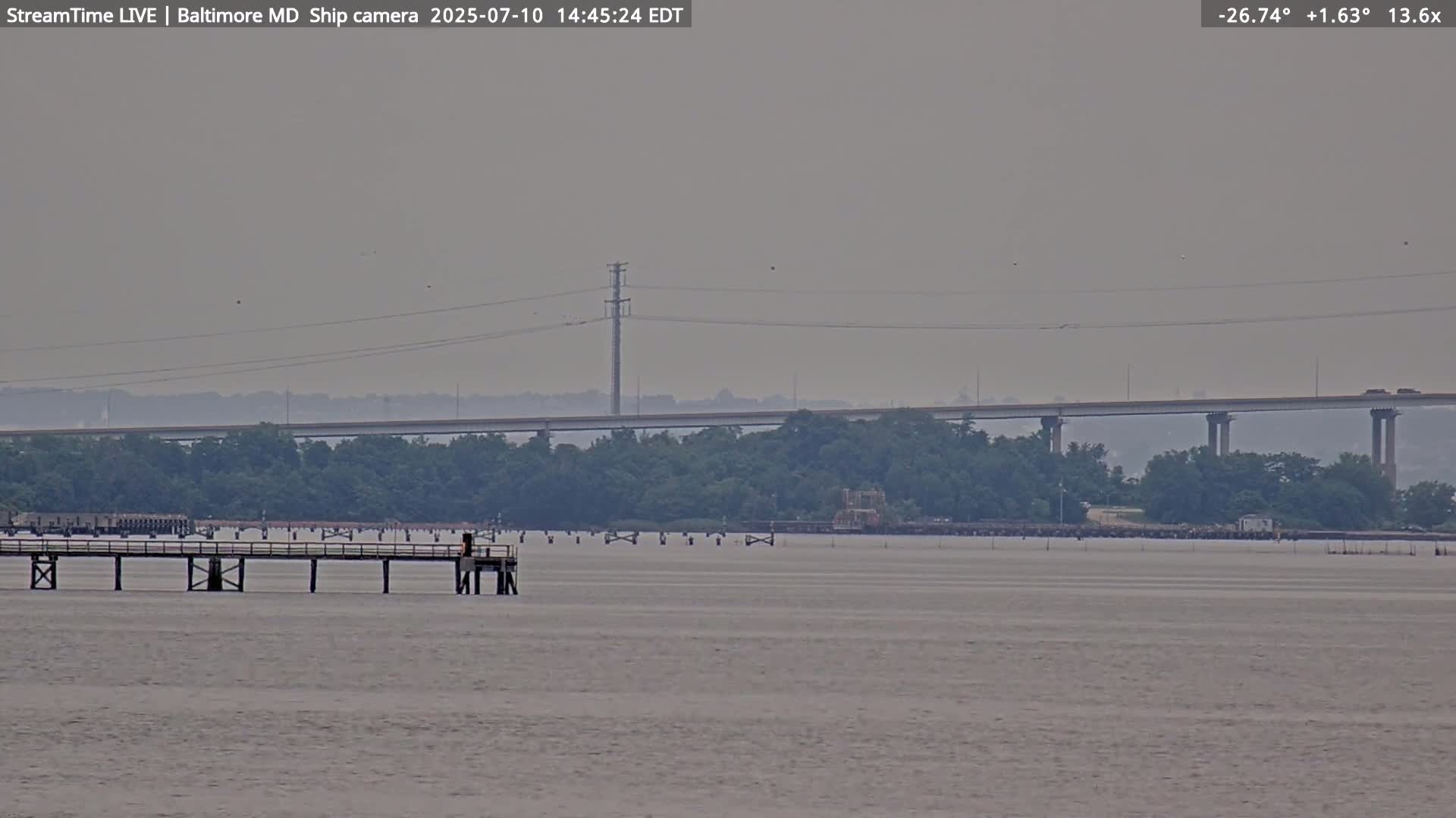 Baltimore Silhouette & Brandon Shores Power Plant Pier  from Fort Smallwood Park Live Cam - Pasadena, Anne Arundel, Maryland, USA