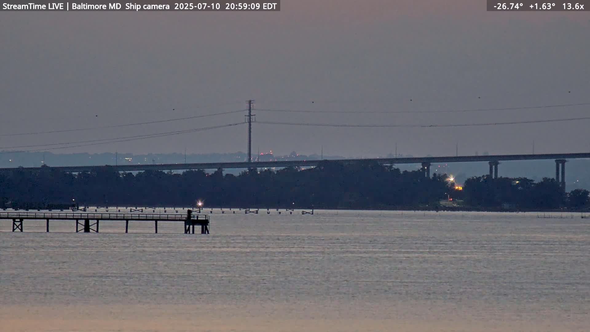 Baltimore Silhouette & Brandon Shores Power Plant Pier  from Fort Smallwood Park Live Cam - Pasadena, Anne Arundel, Maryland, USA