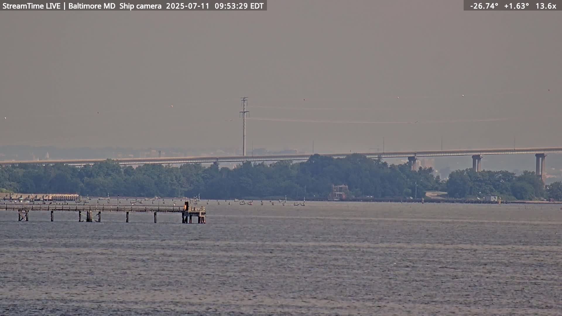 Baltimore Silhouette & Brandon Shores Power Plant Pier  from Fort Smallwood Park Live Cam - Pasadena, Anne Arundel, Maryland, USA