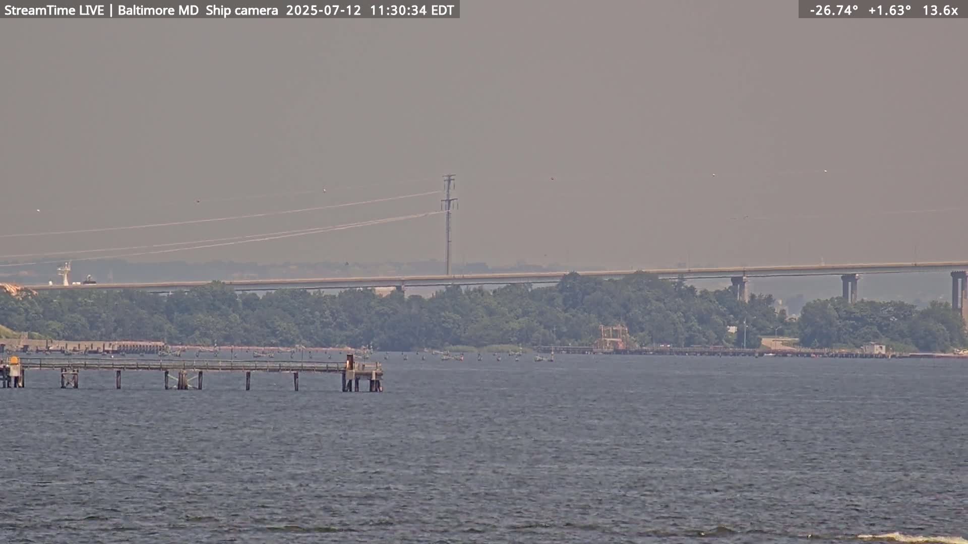 Baltimore Silhouette & Brandon Shores Power Plant Pier  from Fort Smallwood Park Live Cam - Pasadena, Anne Arundel, Maryland, USA