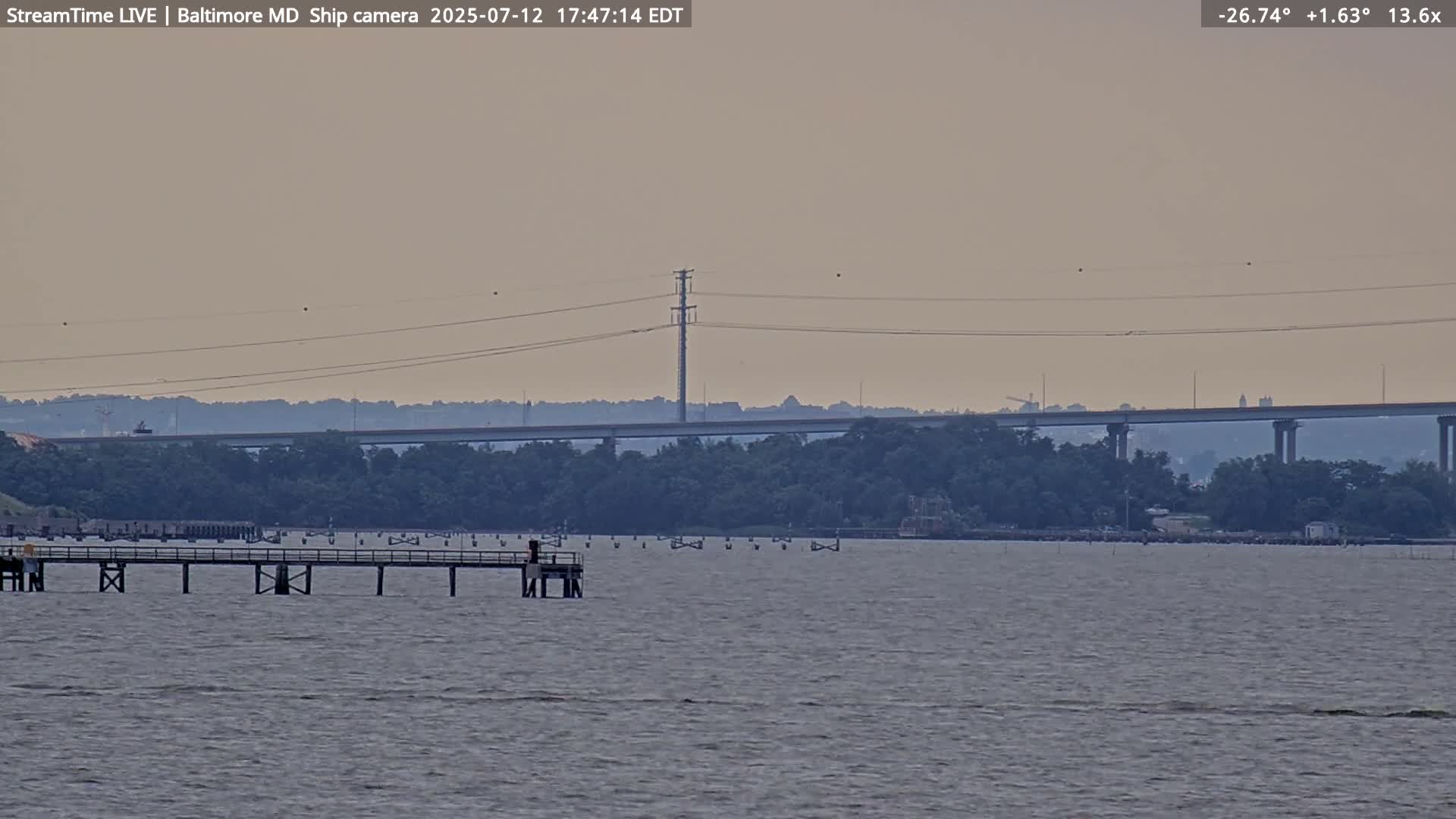 Baltimore Silhouette & Brandon Shores Power Plant Pier  from Fort Smallwood Park Live Cam - Pasadena, Anne Arundel, Maryland, USA