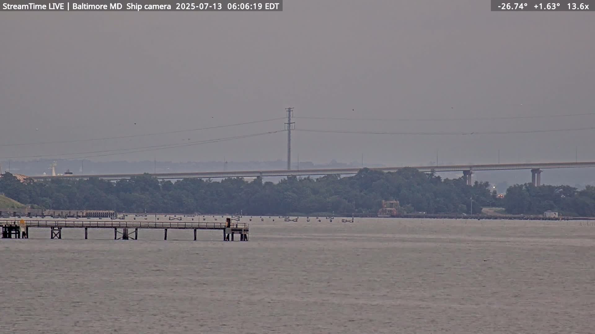 Baltimore Silhouette & Brandon Shores Power Plant Pier  from Fort Smallwood Park Live Cam - Pasadena, Anne Arundel, Maryland, USA