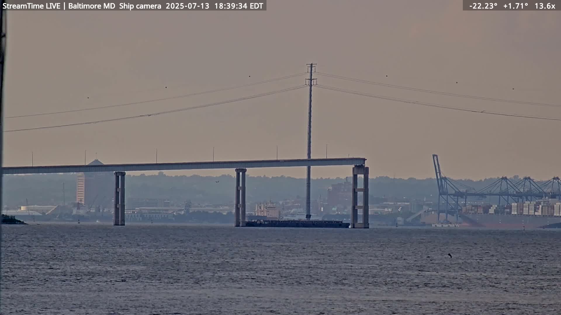 Baltimore Silhouette & Brandon Shores Power Plant Pier  from Fort Smallwood Park Live Cam - Pasadena, Anne Arundel, Maryland, USA