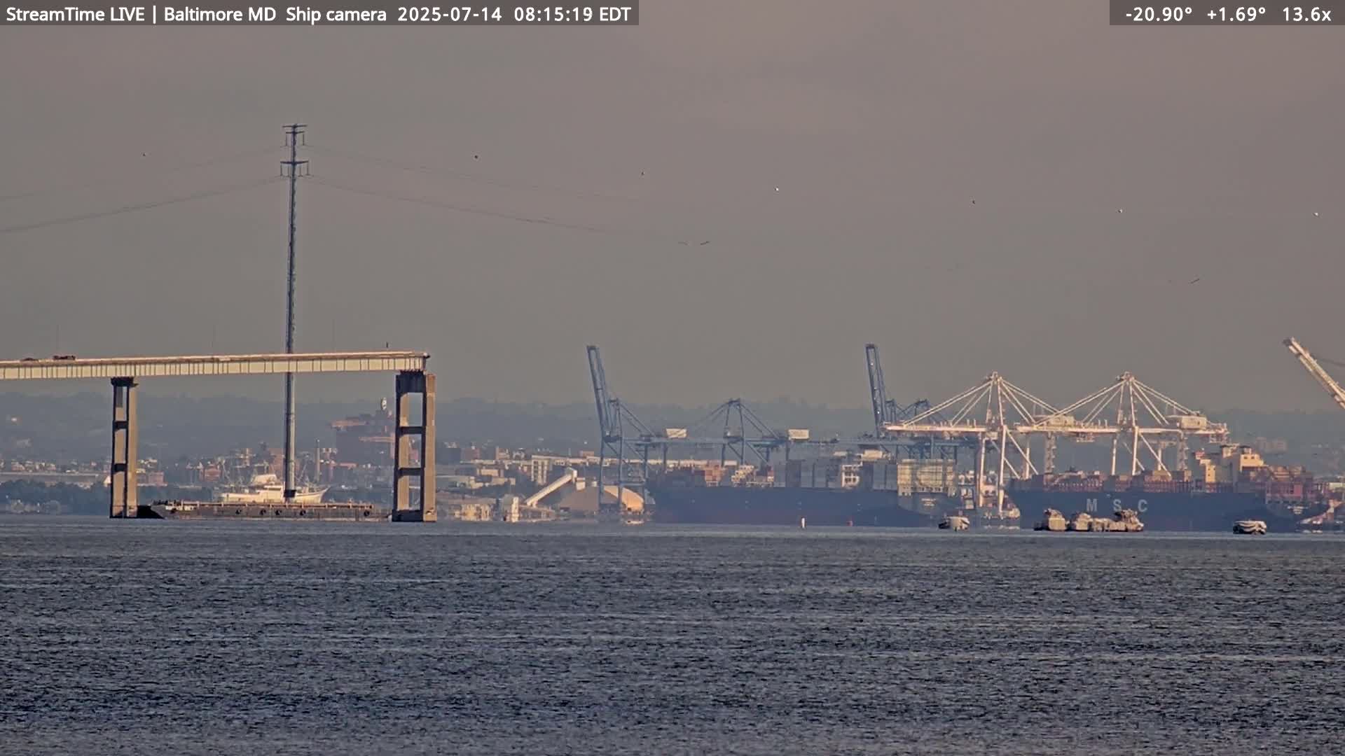 Baltimore Silhouette & Brandon Shores Power Plant Pier  from Fort Smallwood Park Live Cam - Pasadena, Anne Arundel, Maryland, USA