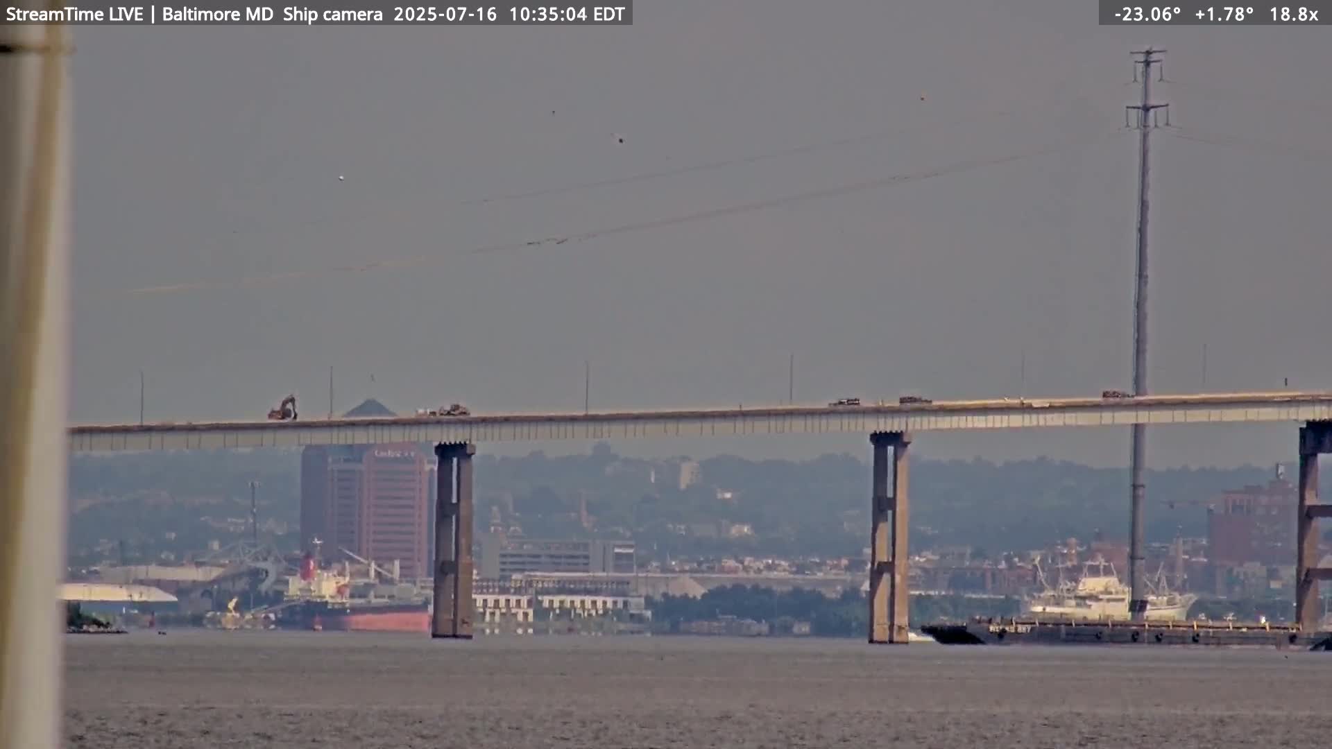 Baltimore Silhouette & Brandon Shores Power Plant Pier  from Fort Smallwood Park Live Cam - Pasadena, Anne Arundel, Maryland, USA