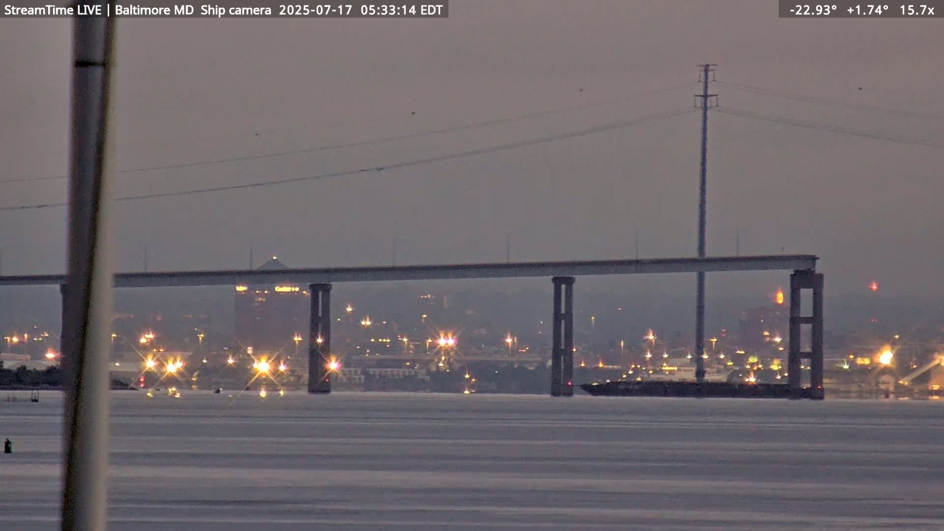 Baltimore Silhouette & Brandon Shores Power Plant Pier  from Fort Smallwood Park Live Cam - Pasadena, Anne Arundel, Maryland, USA