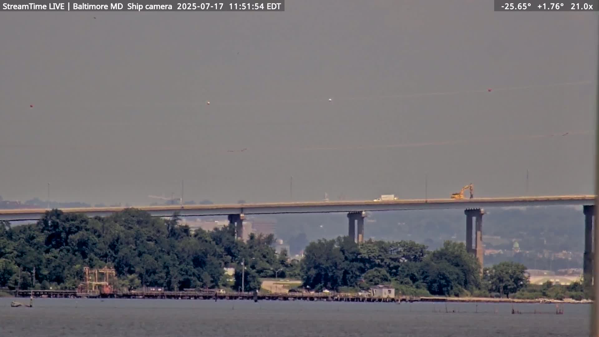 Baltimore Silhouette & Brandon Shores Power Plant Pier  from Fort Smallwood Park Live Cam - Pasadena, Anne Arundel, Maryland, USA