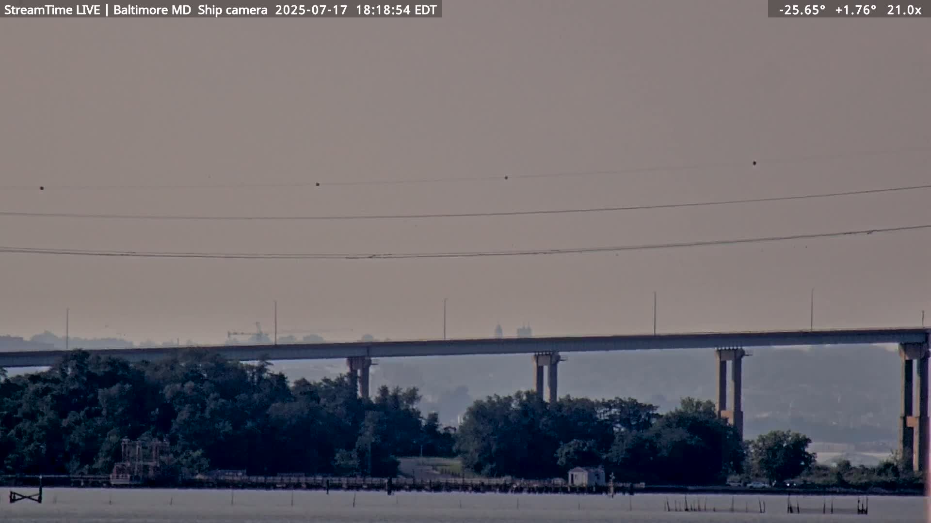 Baltimore Silhouette & Brandon Shores Power Plant Pier  from Fort Smallwood Park Live Cam - Pasadena, Anne Arundel, Maryland, USA