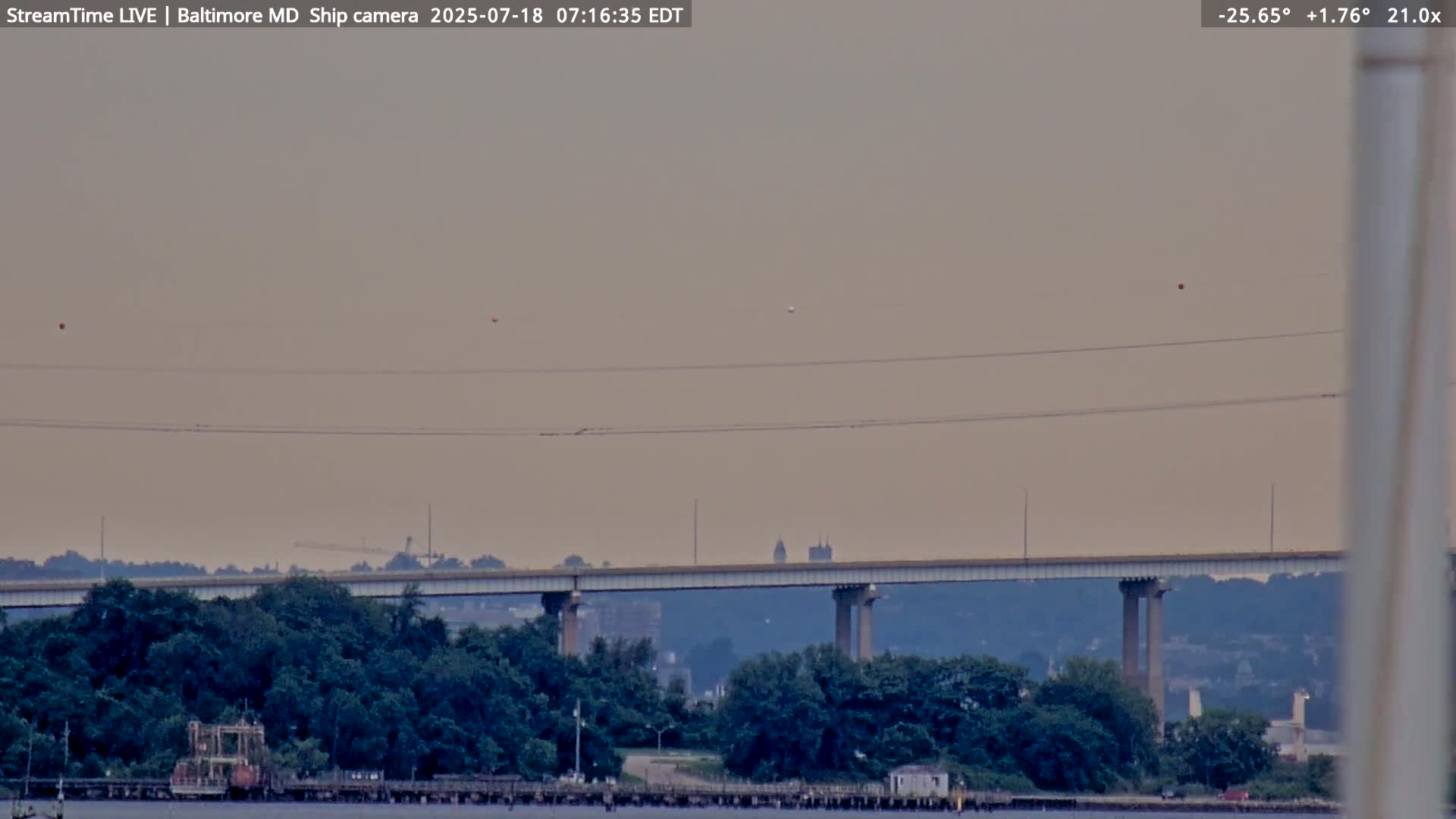 Baltimore Silhouette & Brandon Shores Power Plant Pier  from Fort Smallwood Park Live Cam - Pasadena, Anne Arundel, Maryland, USA