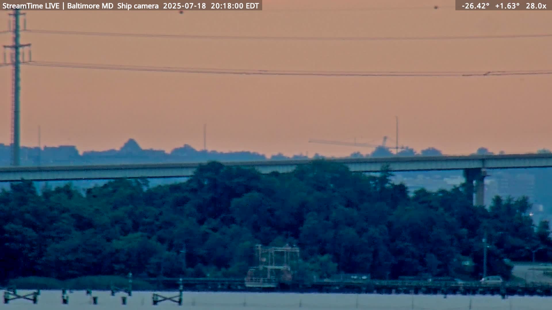 Baltimore Silhouette & Brandon Shores Power Plant Pier  from Fort Smallwood Park Live Cam - Pasadena, Anne Arundel, Maryland, USA