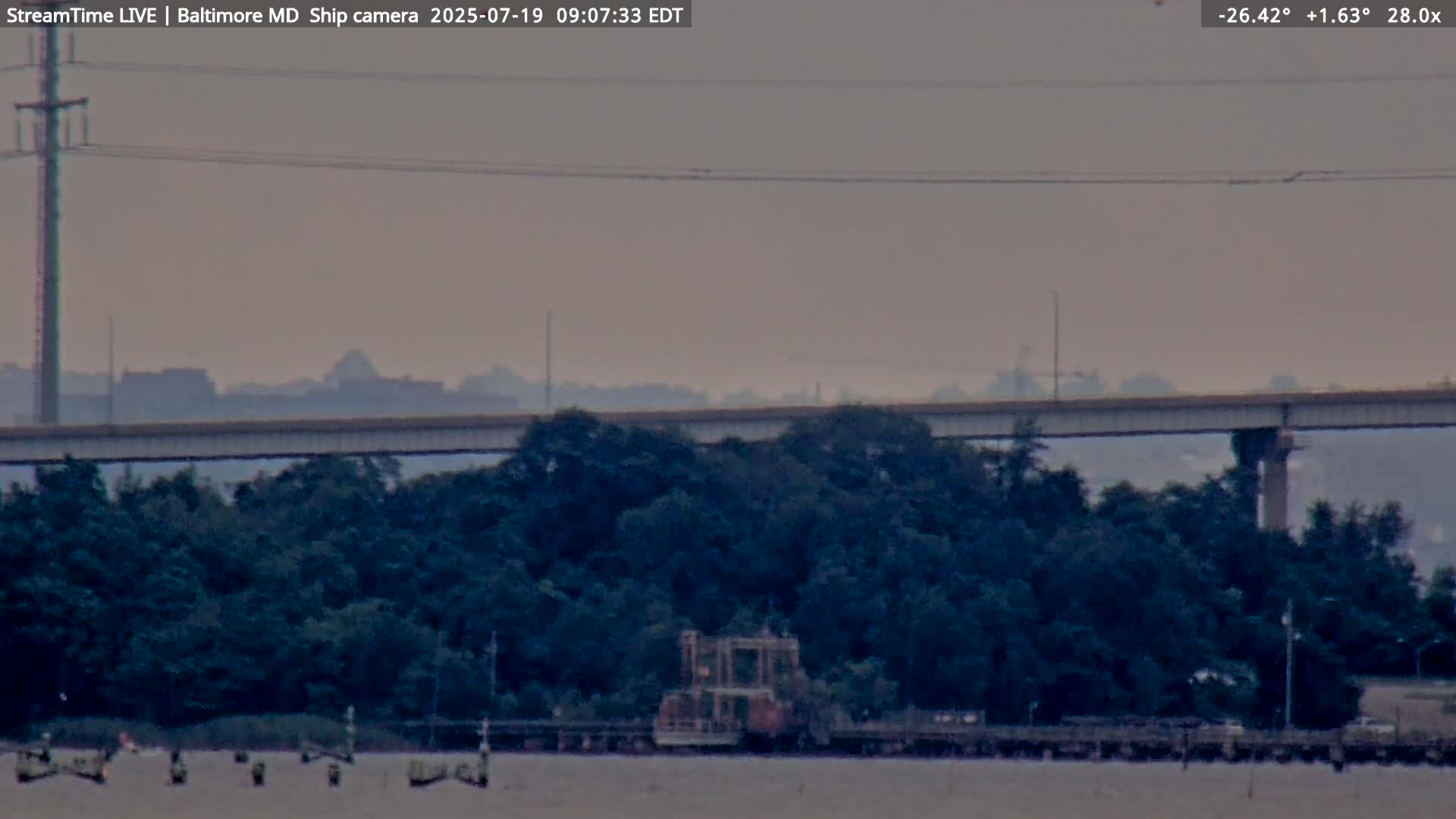 Baltimore Silhouette & Brandon Shores Power Plant Pier  from Fort Smallwood Park Live Cam - Pasadena, Anne Arundel, Maryland, USA