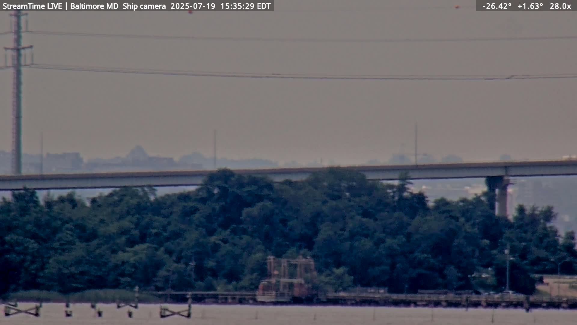 Baltimore Silhouette & Brandon Shores Power Plant Pier  from Fort Smallwood Park Live Cam - Pasadena, Anne Arundel, Maryland, USA