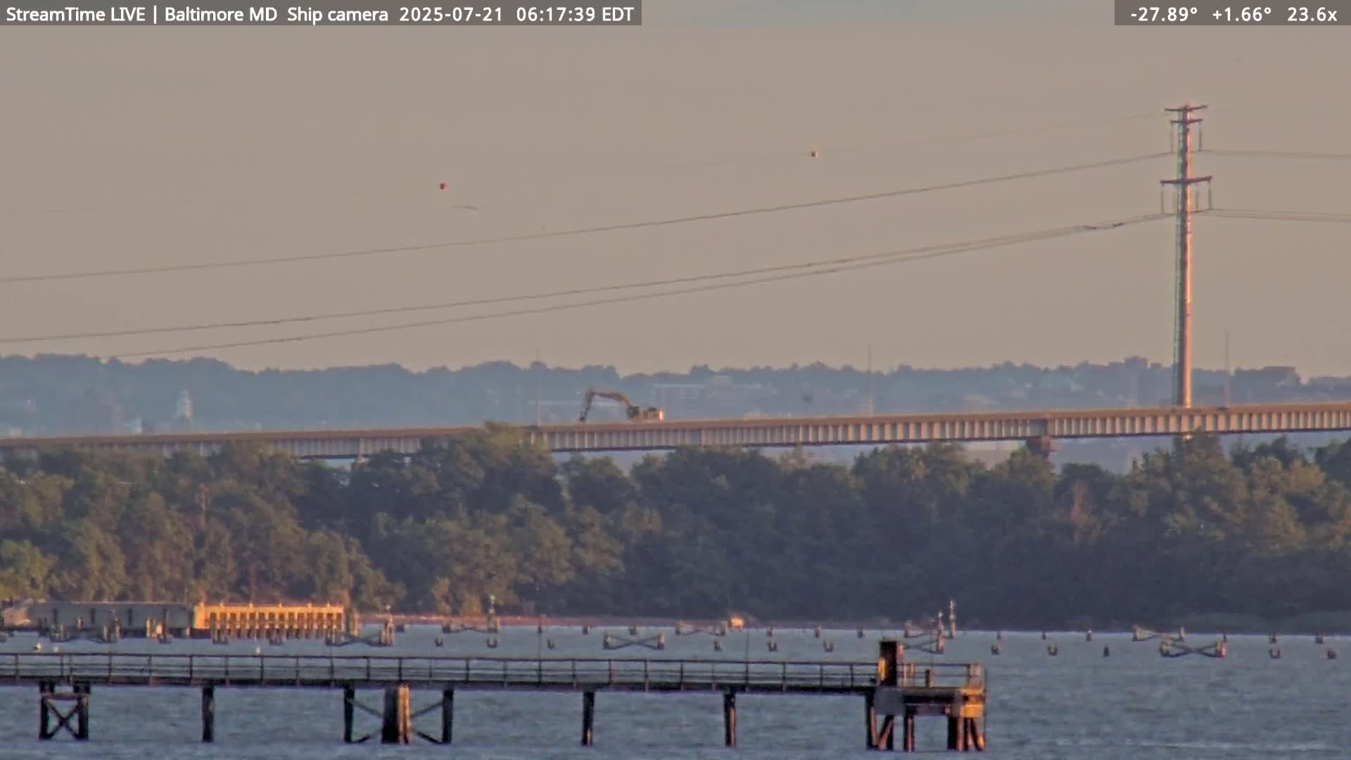 Baltimore Silhouette & Brandon Shores Power Plant Pier  from Fort Smallwood Park Live Cam - Pasadena, Anne Arundel, Maryland, USA