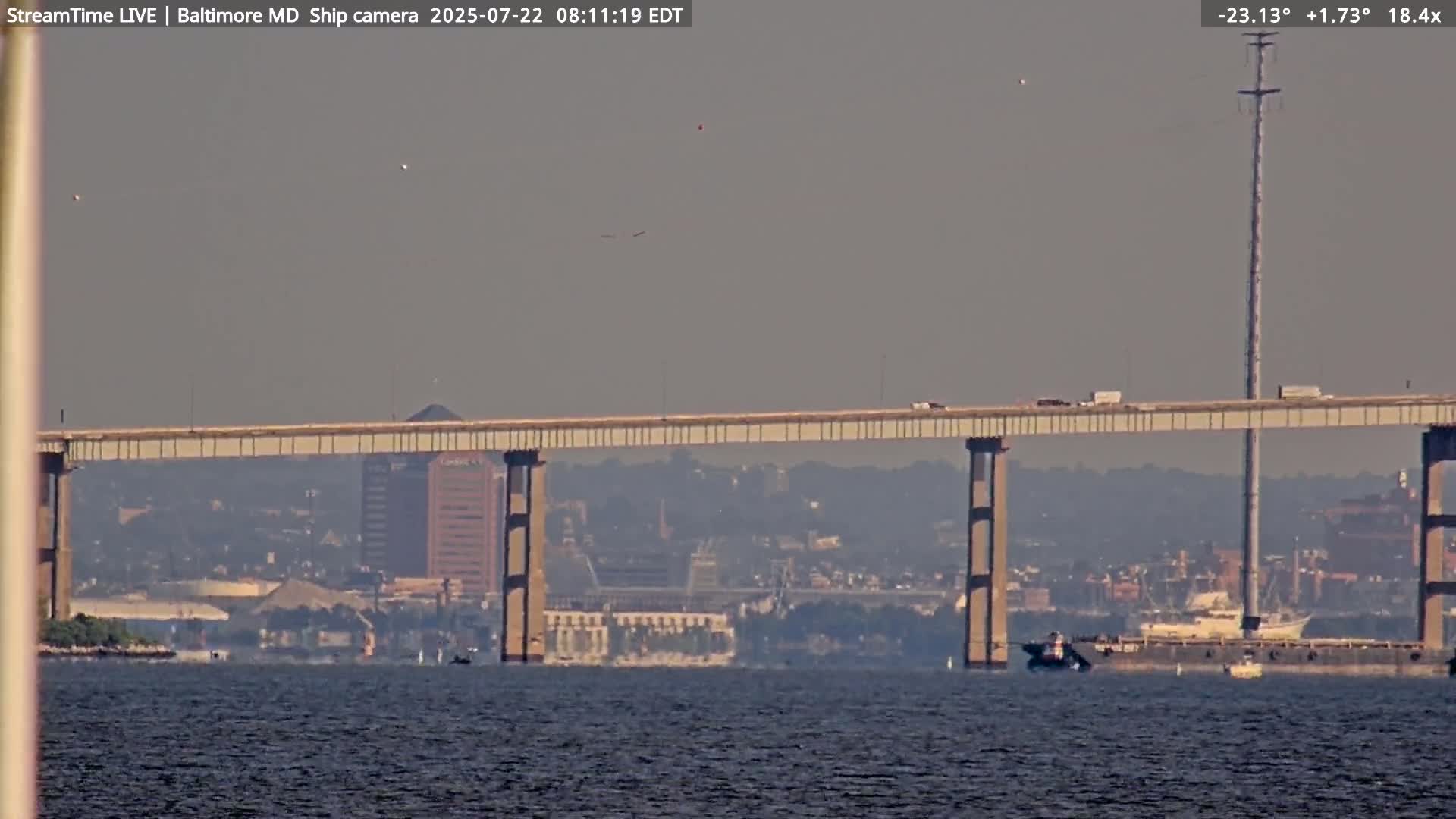 Baltimore Silhouette & Brandon Shores Power Plant Pier  from Fort Smallwood Park Live Cam - Pasadena, Anne Arundel, Maryland, USA