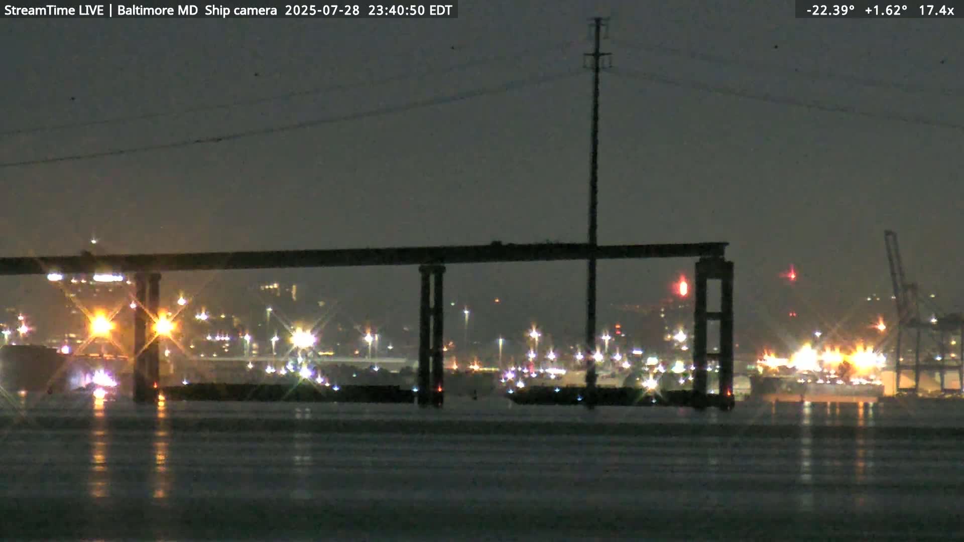 Baltimore Silhouette & Brandon Shores Power Plant Pier  from Fort Smallwood Park Live Cam - Pasadena, Anne Arundel, Maryland, USA