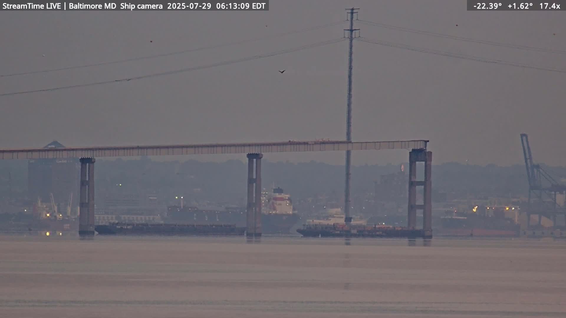 Baltimore Silhouette & Brandon Shores Power Plant Pier  from Fort Smallwood Park Live Cam - Pasadena, Anne Arundel, Maryland, USA