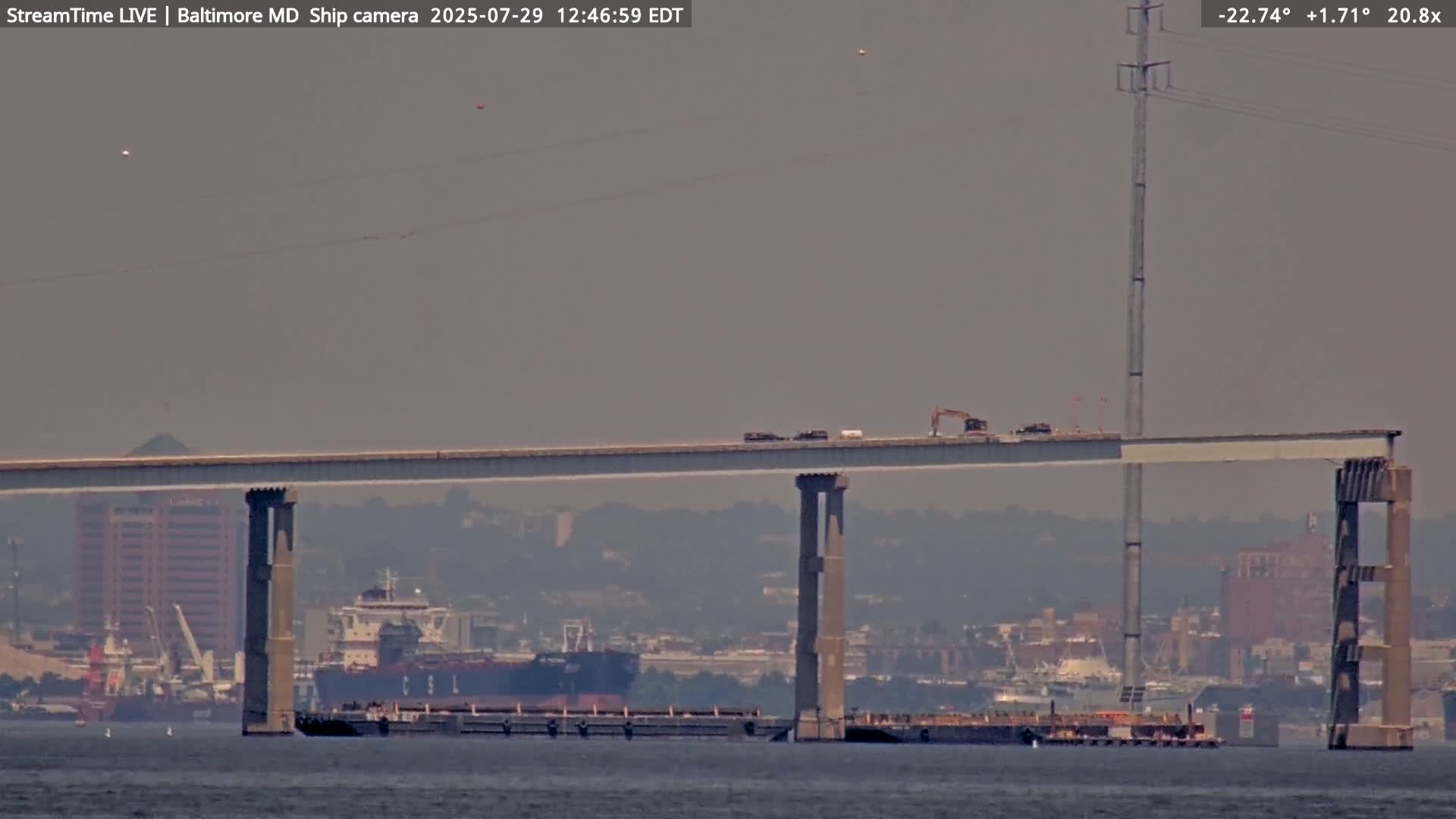 Baltimore Silhouette & Brandon Shores Power Plant Pier  from Fort Smallwood Park Live Cam - Pasadena, Anne Arundel, Maryland, USA