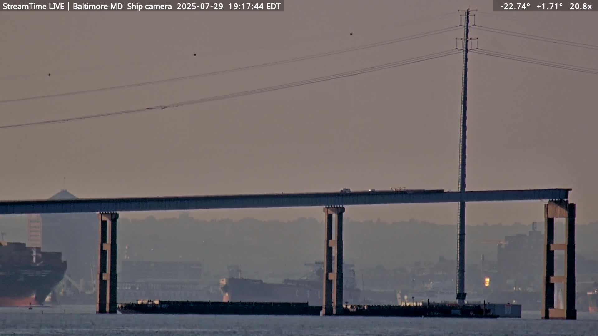 A long pier extends over dark water towards a distant bridge and cityscape under a twilight sky.