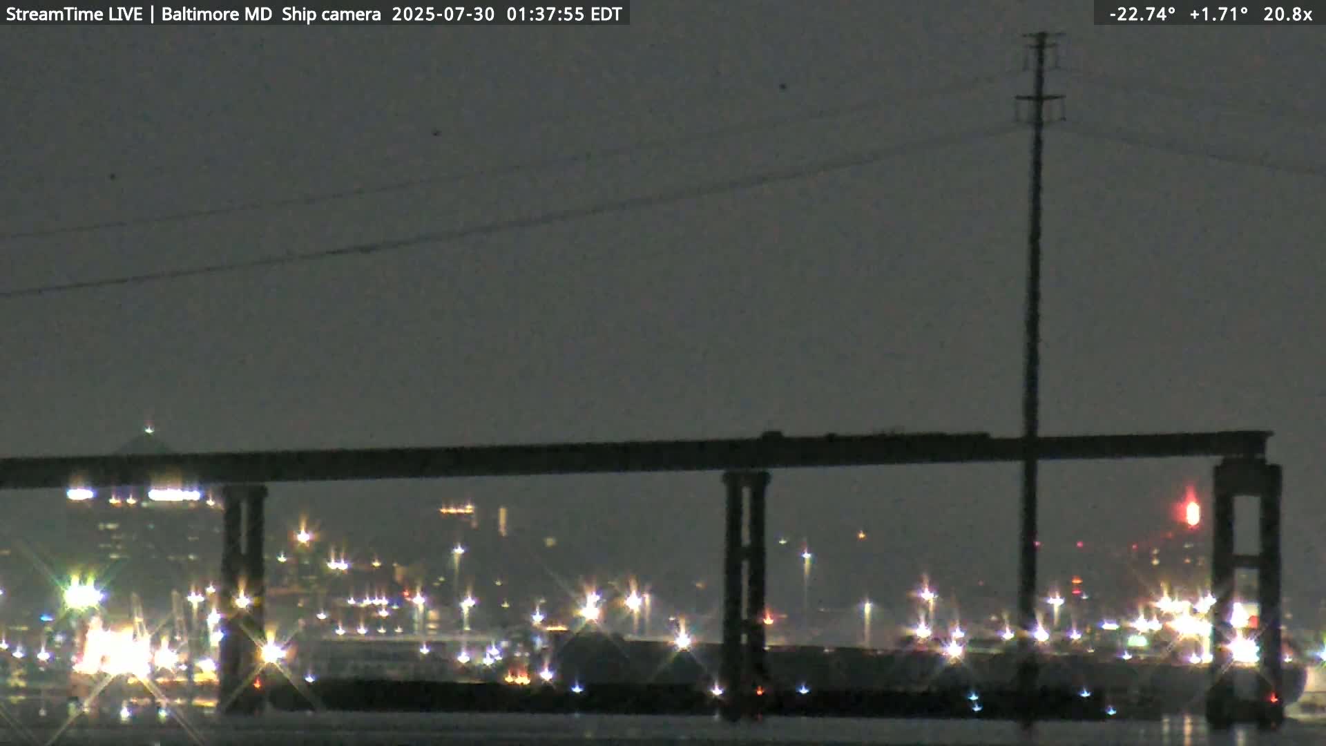 Baltimore Silhouette & Brandon Shores Power Plant Pier  from Fort Smallwood Park Live Cam - Pasadena, Anne Arundel, Maryland, USA