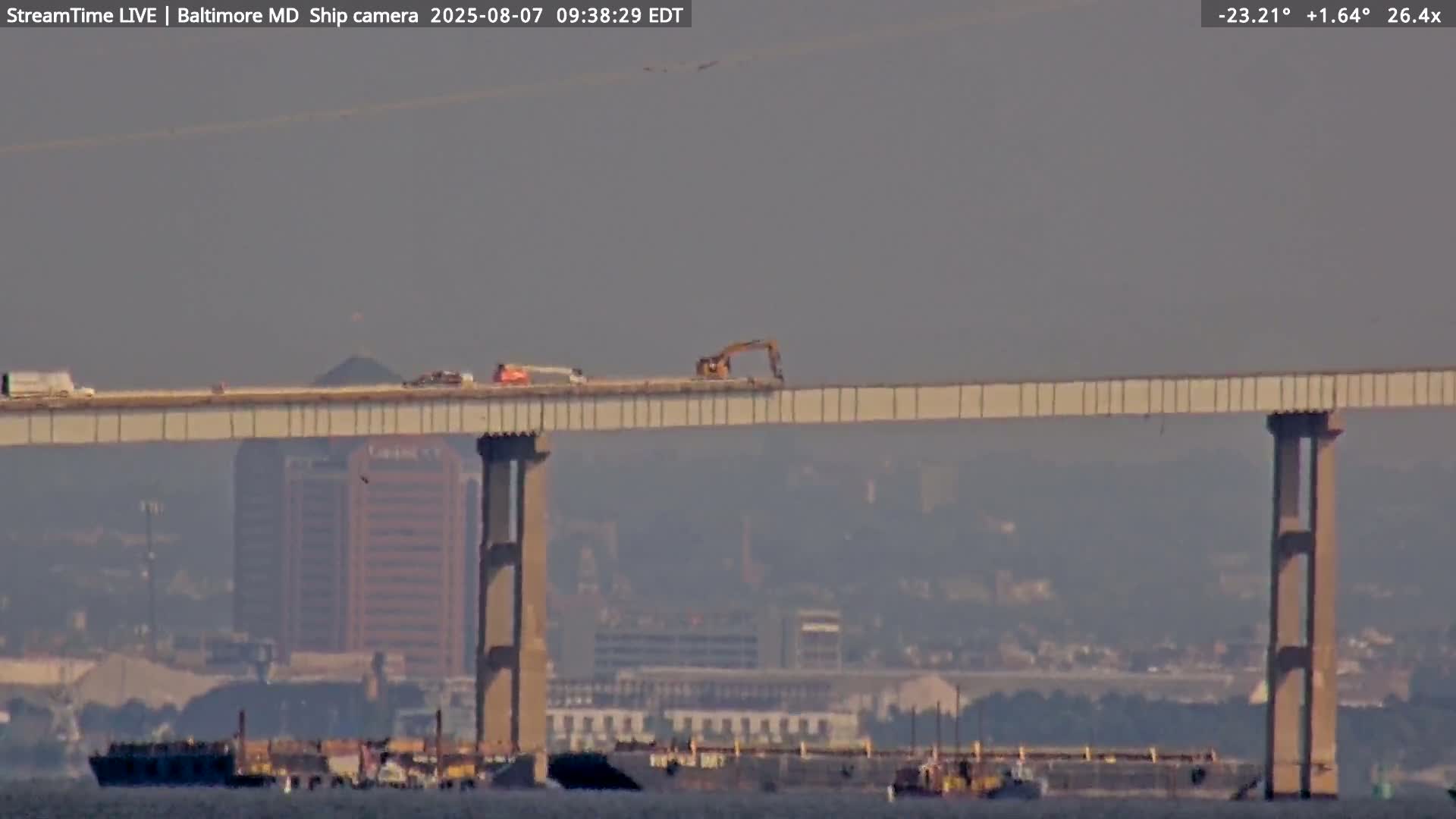 Baltimore Silhouette & Brandon Shores Power Plant Pier  from Fort Smallwood Park Live Cam - Pasadena, Anne Arundel, Maryland, USA
