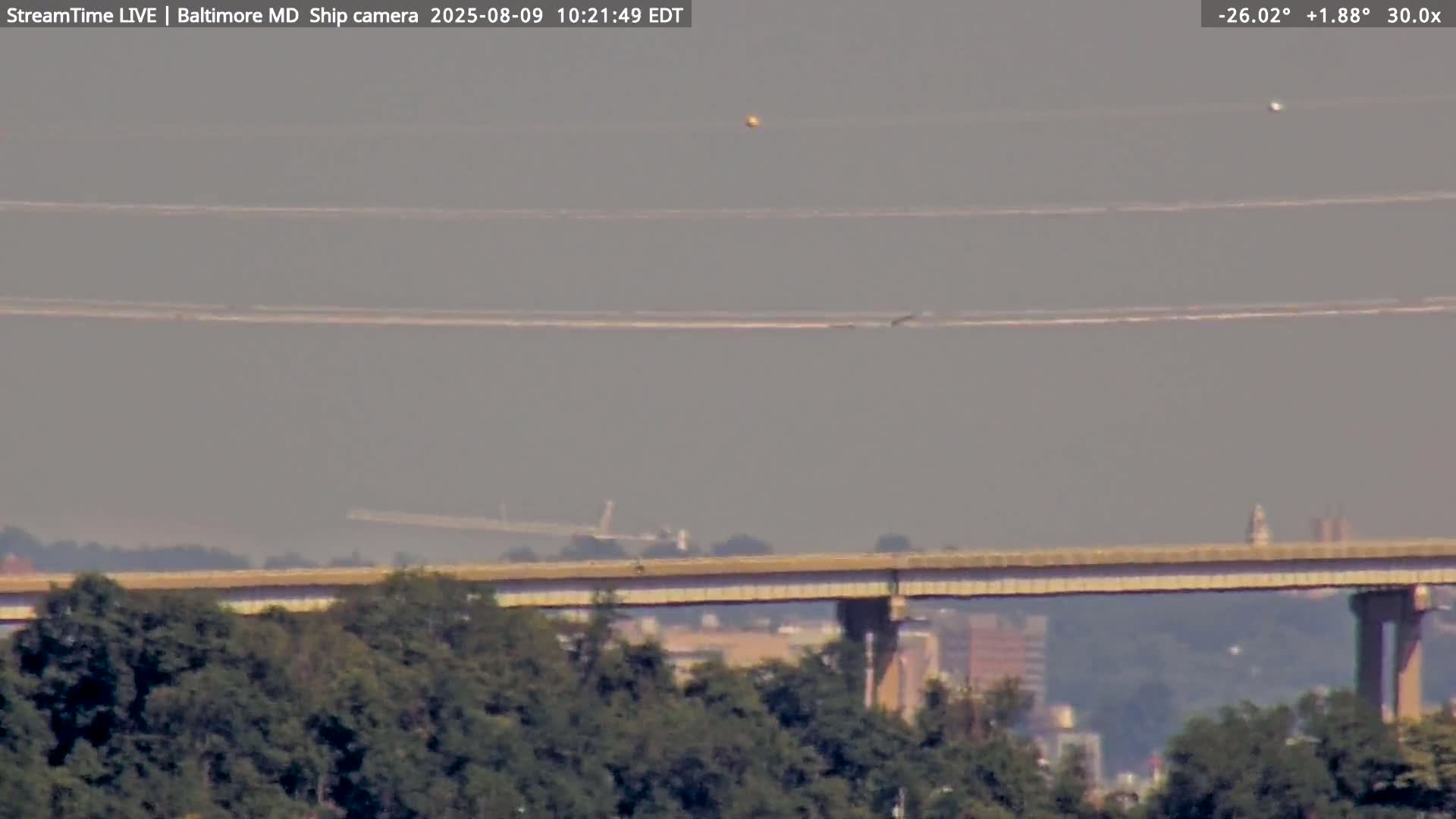 Baltimore Silhouette & Brandon Shores Power Plant Pier  from Fort Smallwood Park Live Cam - Pasadena, Anne Arundel, Maryland, USA