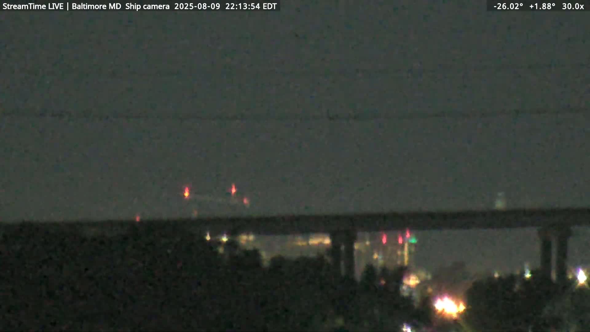 Baltimore Silhouette & Brandon Shores Power Plant Pier  from Fort Smallwood Park Live Cam - Pasadena, Anne Arundel, Maryland, USA