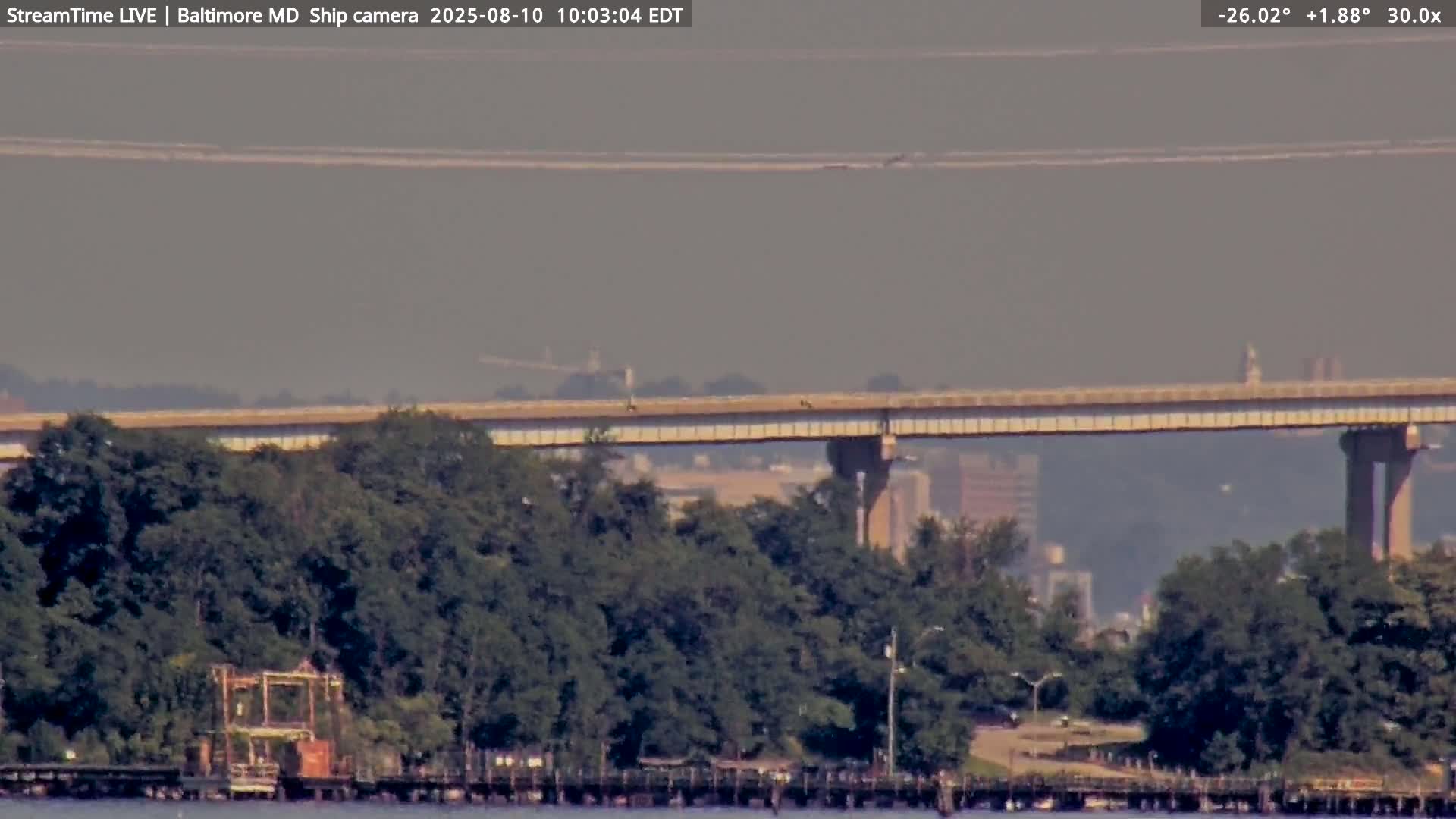 Baltimore Silhouette & Brandon Shores Power Plant Pier  from Fort Smallwood Park Live Cam - Pasadena, Anne Arundel, Maryland, USA