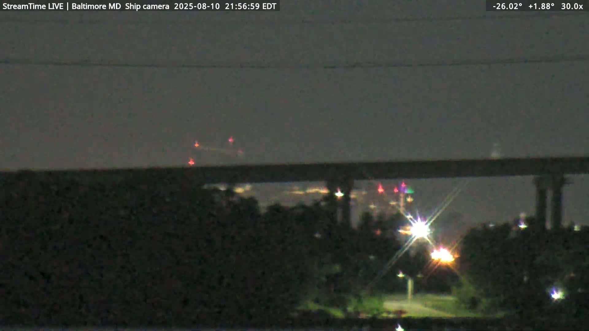 Baltimore Silhouette & Brandon Shores Power Plant Pier  from Fort Smallwood Park Live Cam - Pasadena, Anne Arundel, Maryland, USA