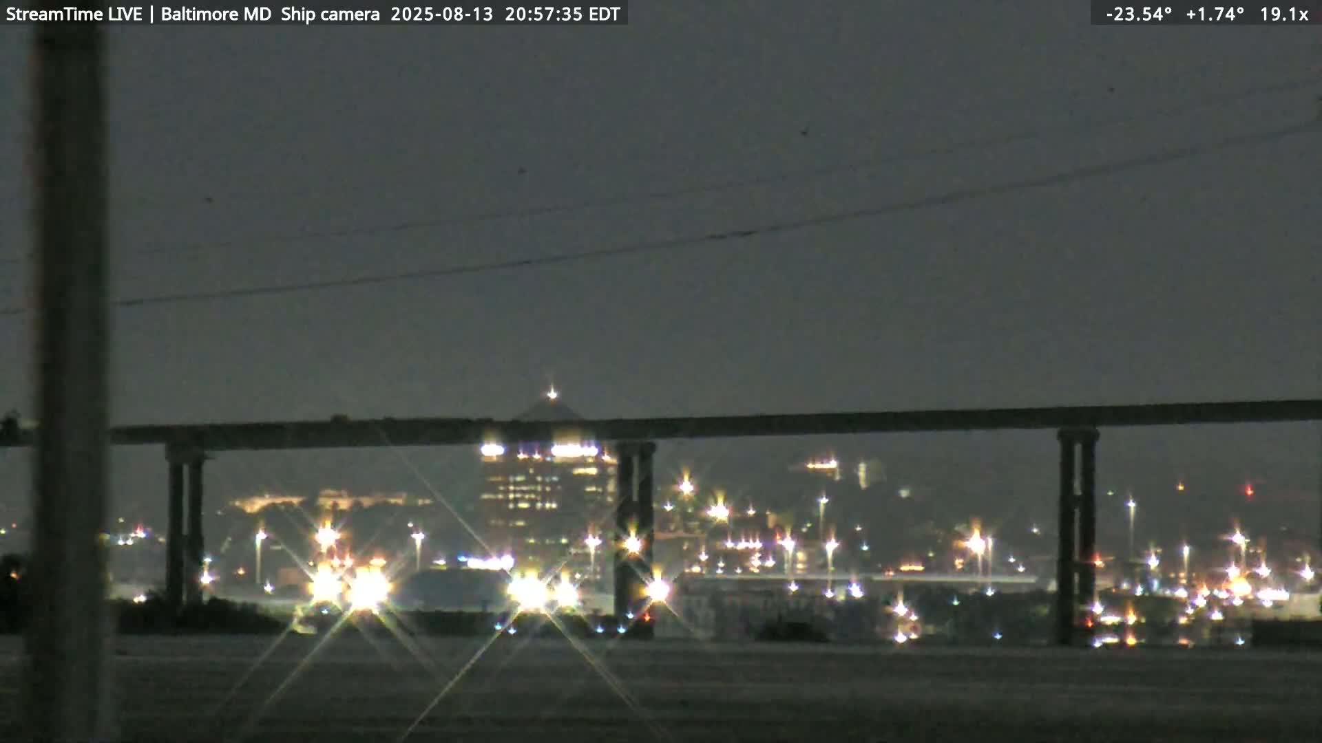 Baltimore Silhouette & Brandon Shores Power Plant Pier  from Fort Smallwood Park Live Cam - Pasadena, Anne Arundel, Maryland, USA