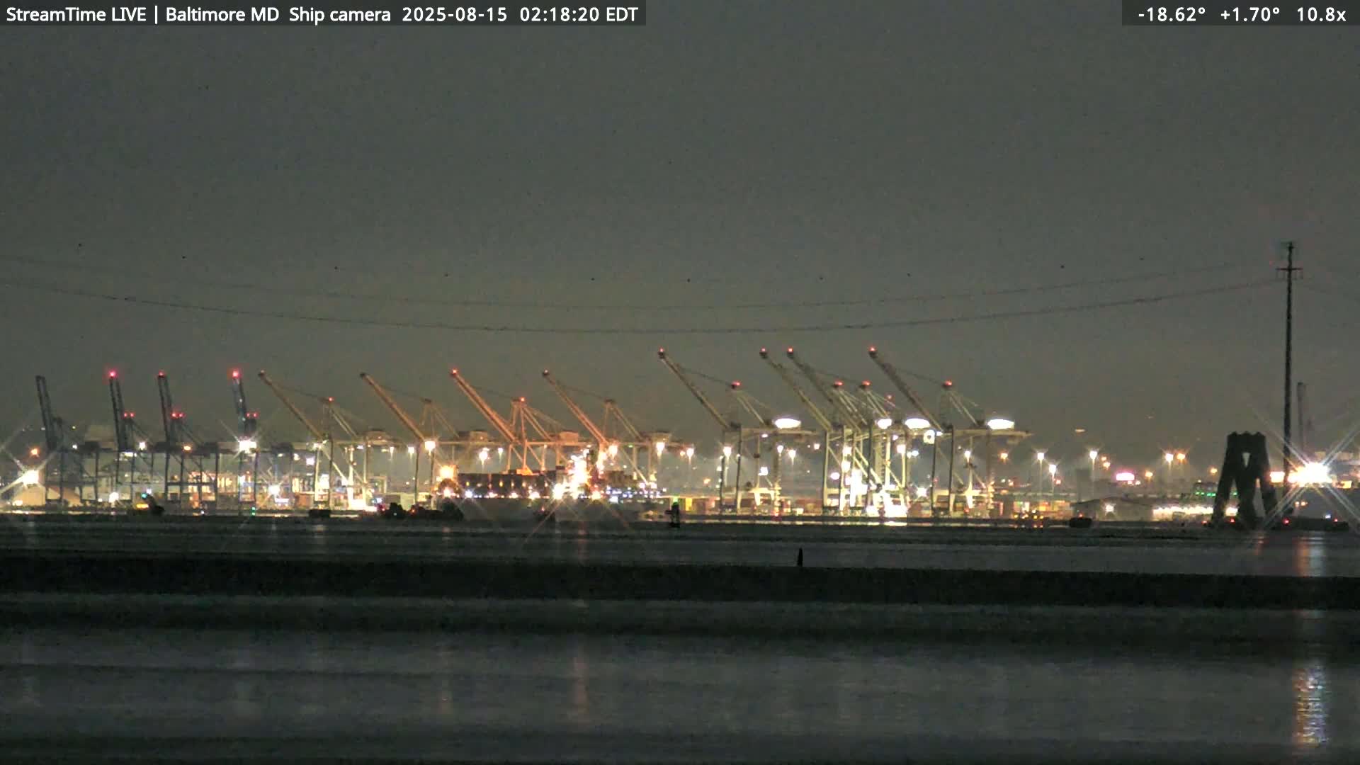 Baltimore Silhouette & Brandon Shores Power Plant Pier  from Fort Smallwood Park Live Cam - Pasadena, Anne Arundel, Maryland, USA