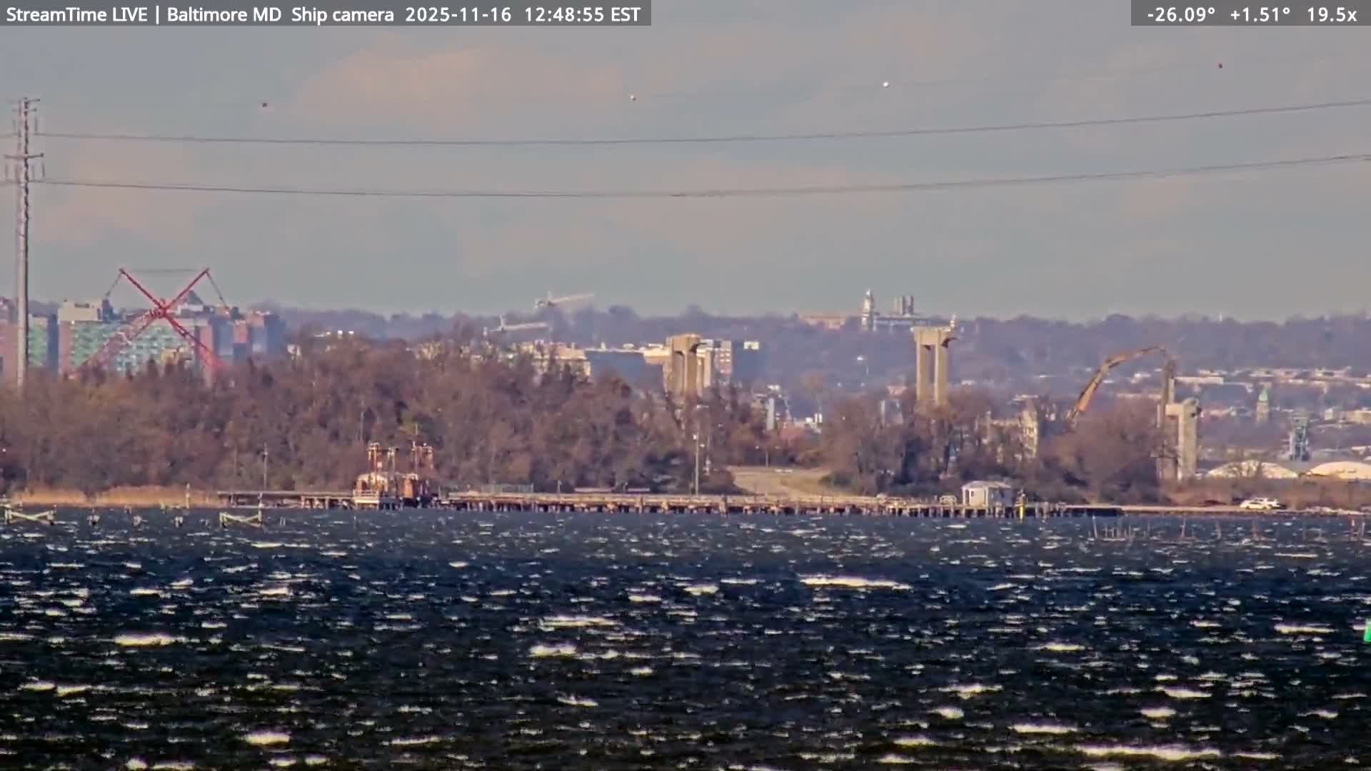 Baltimore Silhouette & Brandon Shores Power Plant Pier  from Fort Smallwood Park Live Cam - Pasadena, Anne Arundel, Maryland, USA