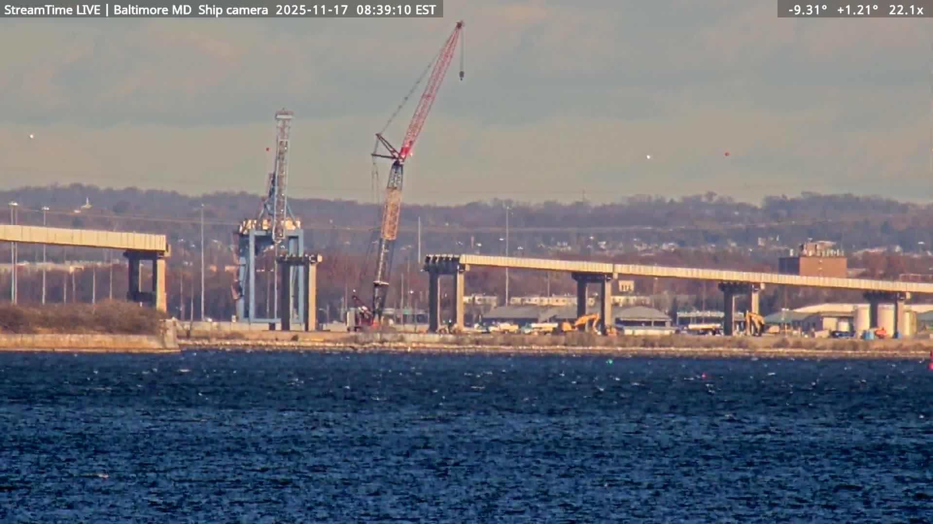 Baltimore Silhouette & Brandon Shores Power Plant Pier  from Fort Smallwood Park Live Cam - Pasadena, Anne Arundel, Maryland, USA