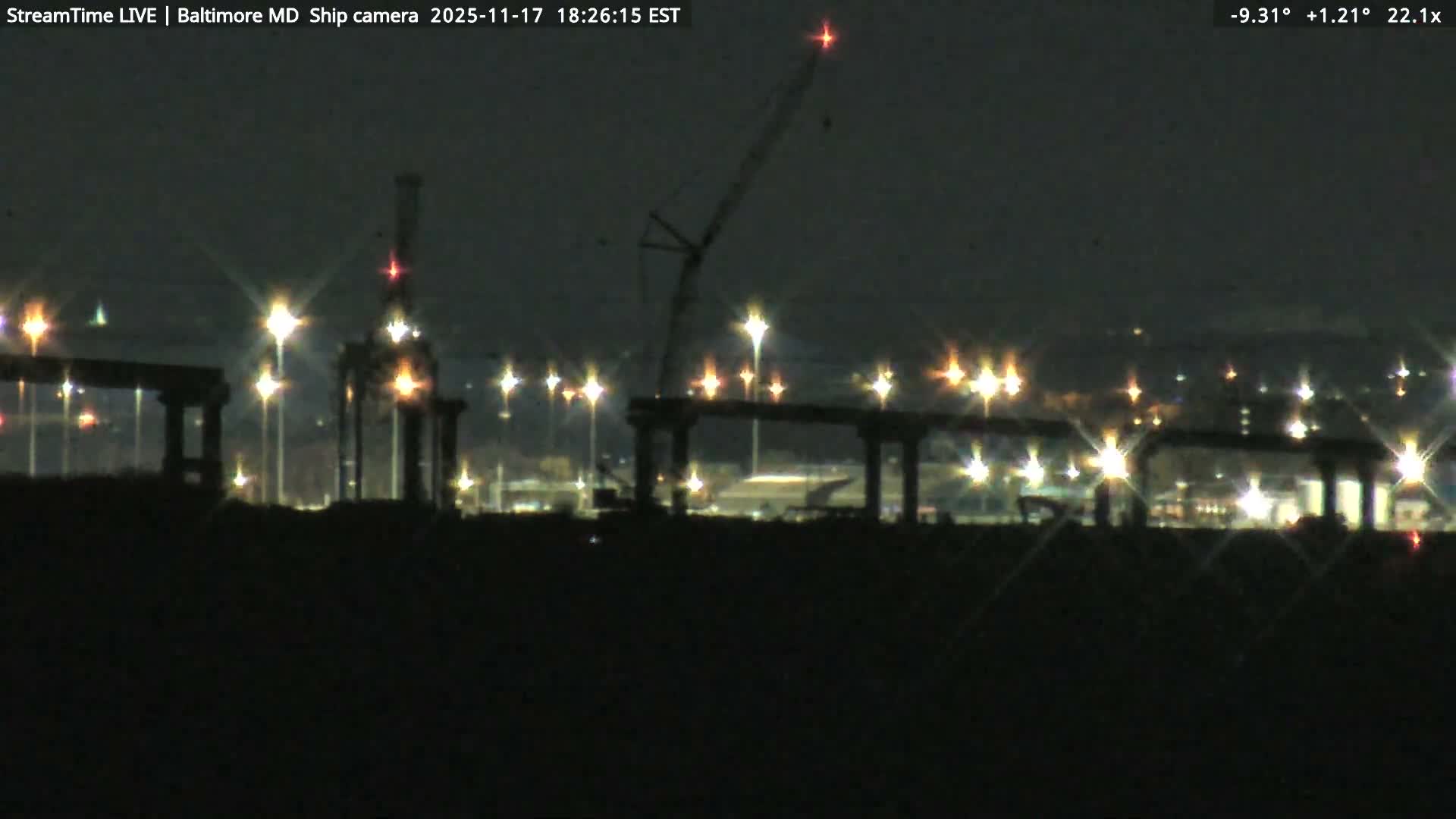 Baltimore Silhouette & Brandon Shores Power Plant Pier  from Fort Smallwood Park Live Cam - Pasadena, Anne Arundel, Maryland, USA