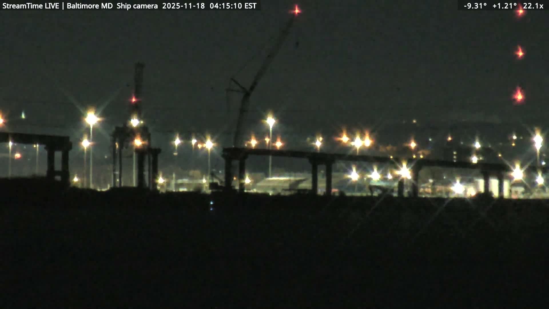Baltimore Silhouette & Brandon Shores Power Plant Pier  from Fort Smallwood Park Live Cam - Pasadena, Anne Arundel, Maryland, USA