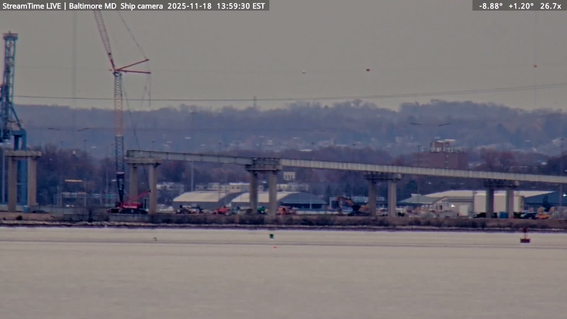 Baltimore Silhouette & Brandon Shores Power Plant Pier  from Fort Smallwood Park Live Cam - Pasadena, Anne Arundel, Maryland, USA