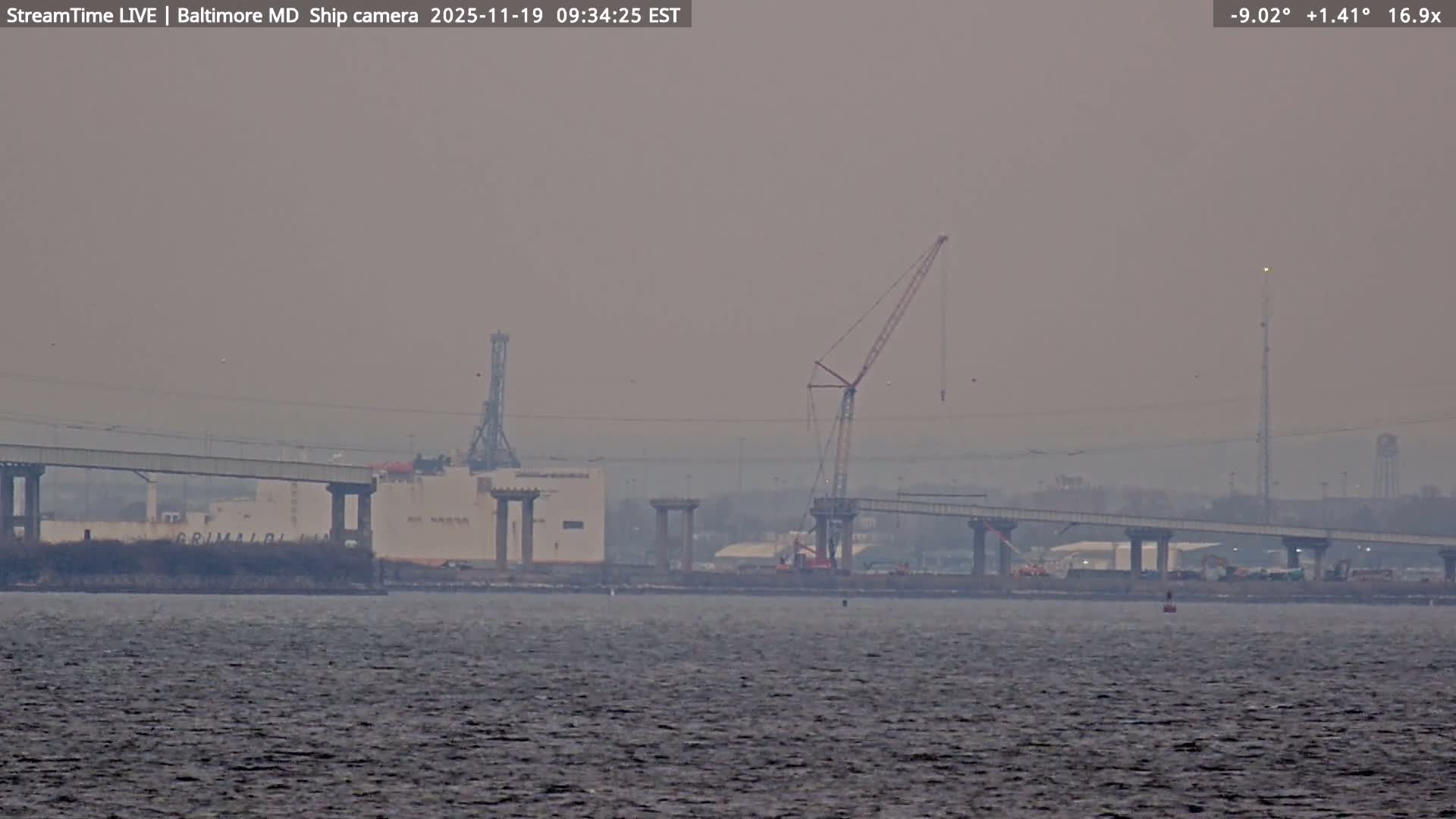 Baltimore Silhouette & Brandon Shores Power Plant Pier  from Fort Smallwood Park Live Cam - Pasadena, Anne Arundel, Maryland, USA