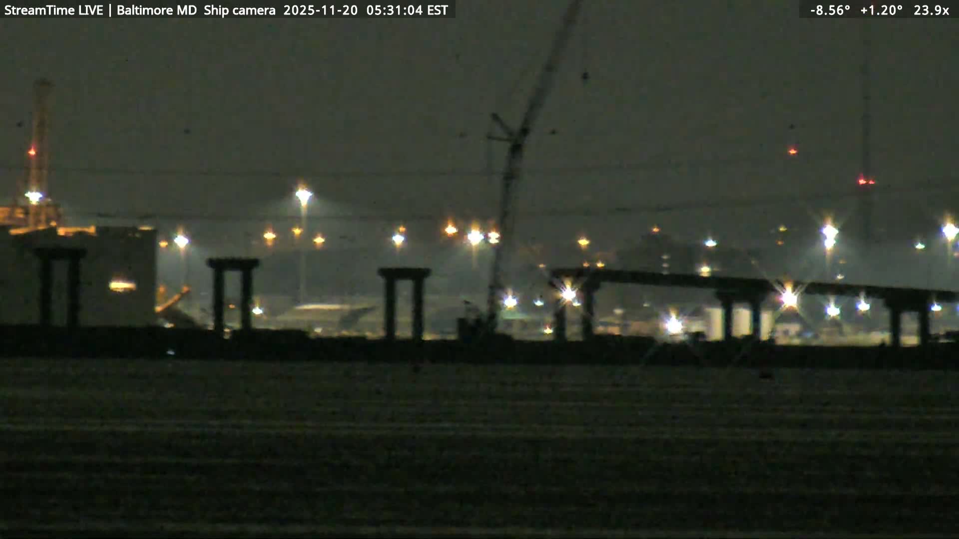 Baltimore Silhouette & Brandon Shores Power Plant Pier  from Fort Smallwood Park Live Cam - Pasadena, Anne Arundel, Maryland, USA