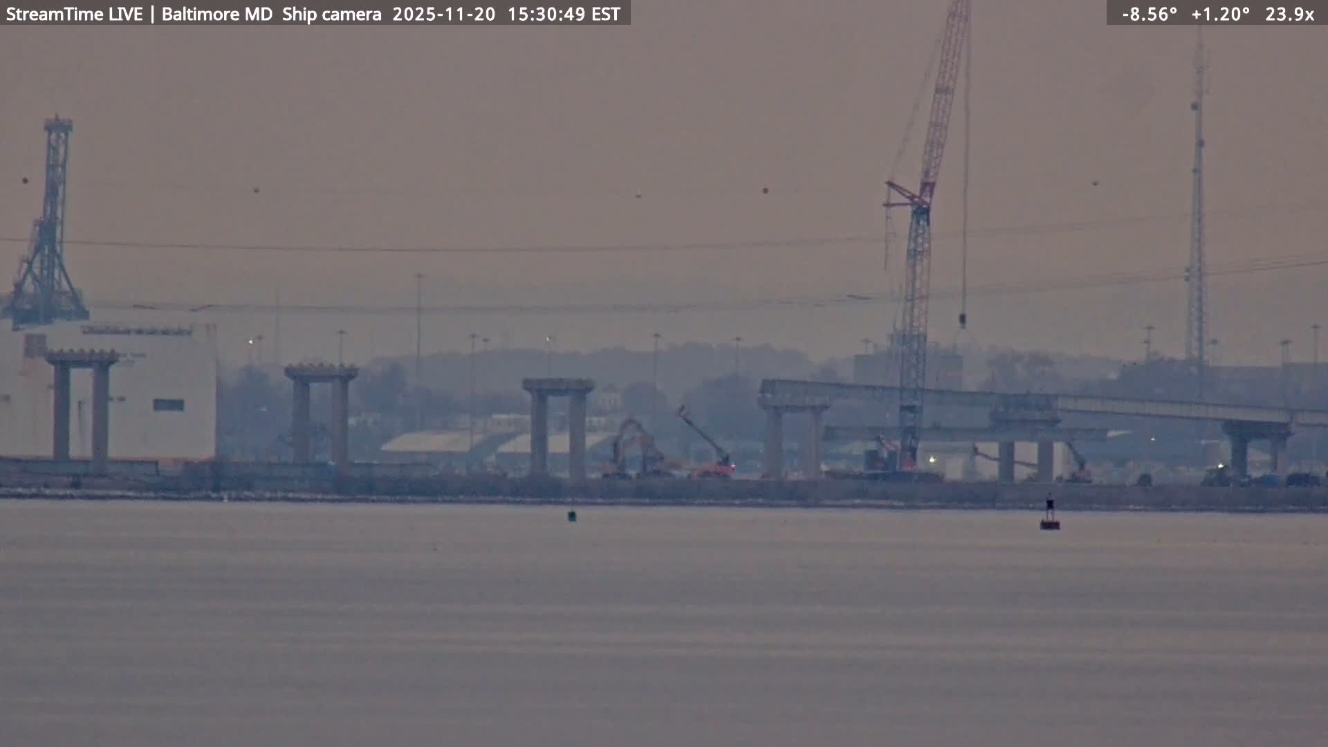 Baltimore Silhouette & Brandon Shores Power Plant Pier  from Fort Smallwood Park Live Cam - Pasadena, Anne Arundel, Maryland, USA