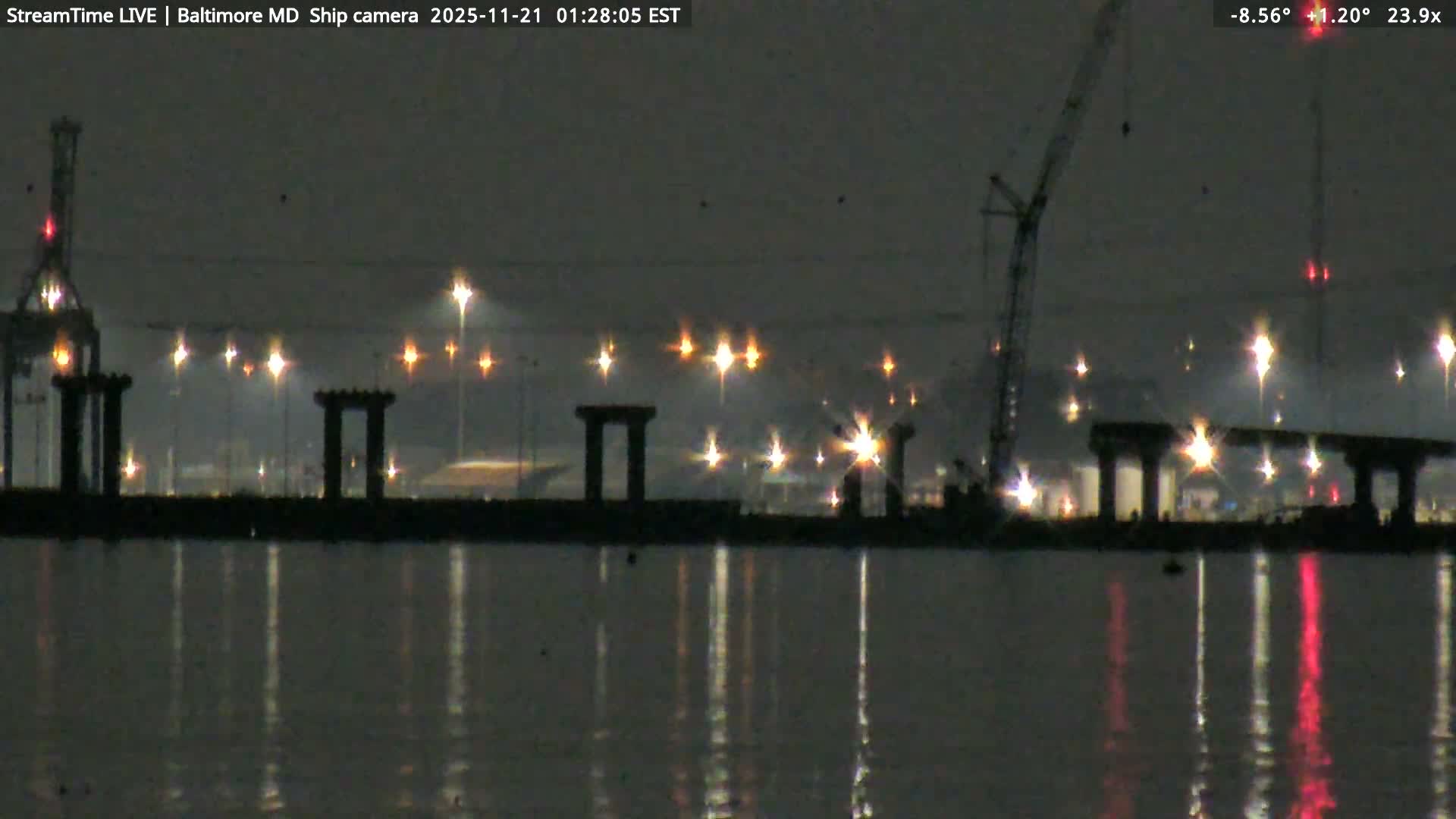 Baltimore Silhouette & Brandon Shores Power Plant Pier  from Fort Smallwood Park Live Cam - Pasadena, Anne Arundel, Maryland, USA