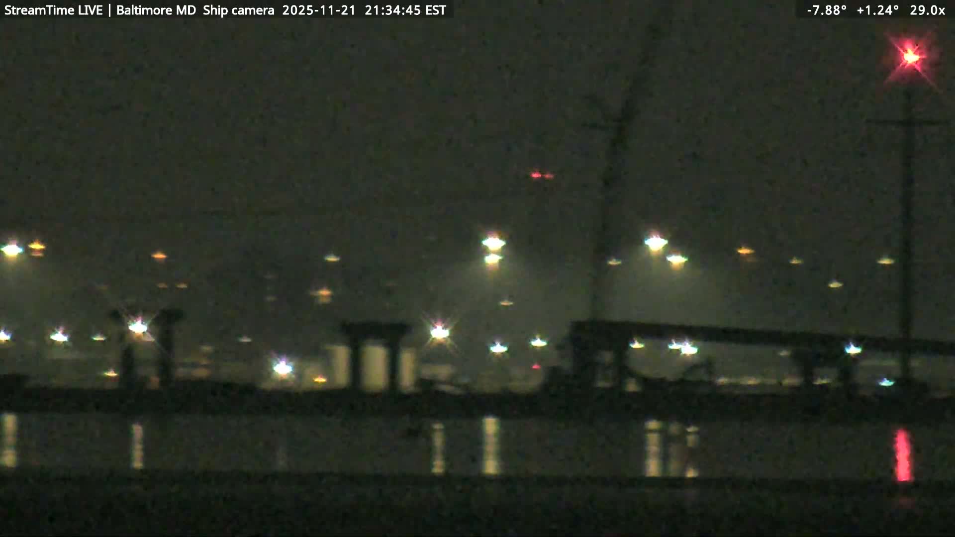 Baltimore Silhouette & Brandon Shores Power Plant Pier  from Fort Smallwood Park Live Cam - Pasadena, Anne Arundel, Maryland, USA