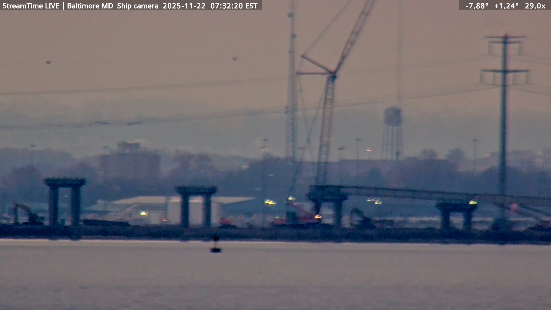 Baltimore Silhouette & Brandon Shores Power Plant Pier  from Fort Smallwood Park Live Cam - Pasadena, Anne Arundel, Maryland, USA