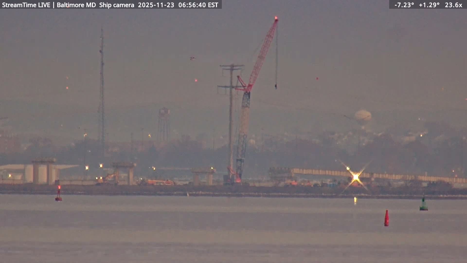 Baltimore Silhouette & Brandon Shores Power Plant Pier  from Fort Smallwood Park Live Cam - Pasadena, Anne Arundel, Maryland, USA