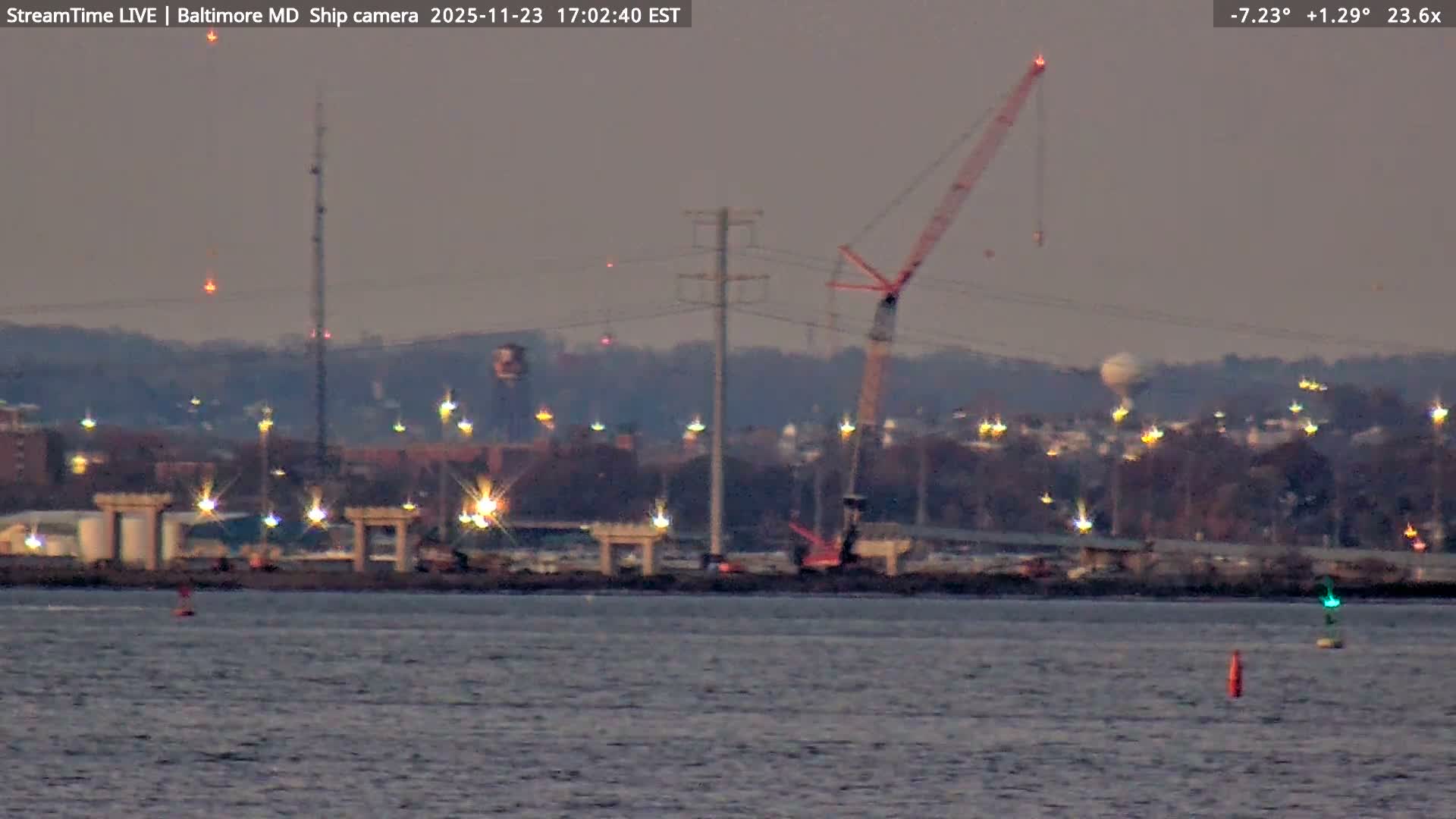 Baltimore Silhouette & Brandon Shores Power Plant Pier  from Fort Smallwood Park Live Cam - Pasadena, Anne Arundel, Maryland, USA